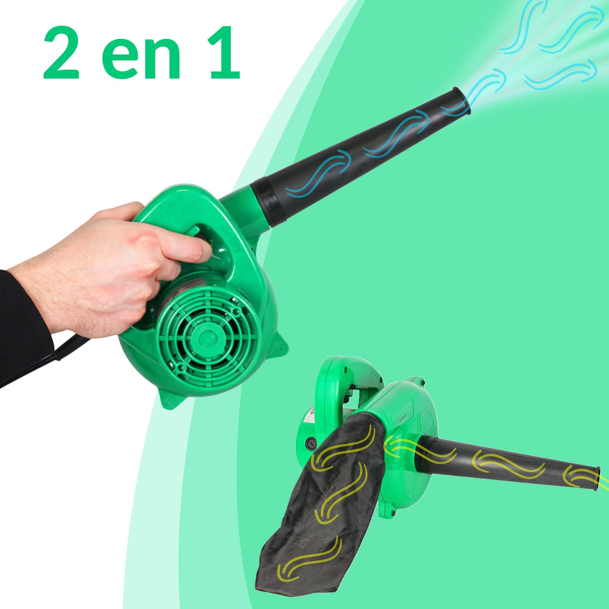 FISHTEC - Mini Soffiatore di Foglie Elettrico - Reversibile in Aspirapolvere con Sacchetto di Recupero - Lunghezza Cavo 2M - 500 W - 40CM - Verde - Compatto, Pratico e Leggero - Giardino