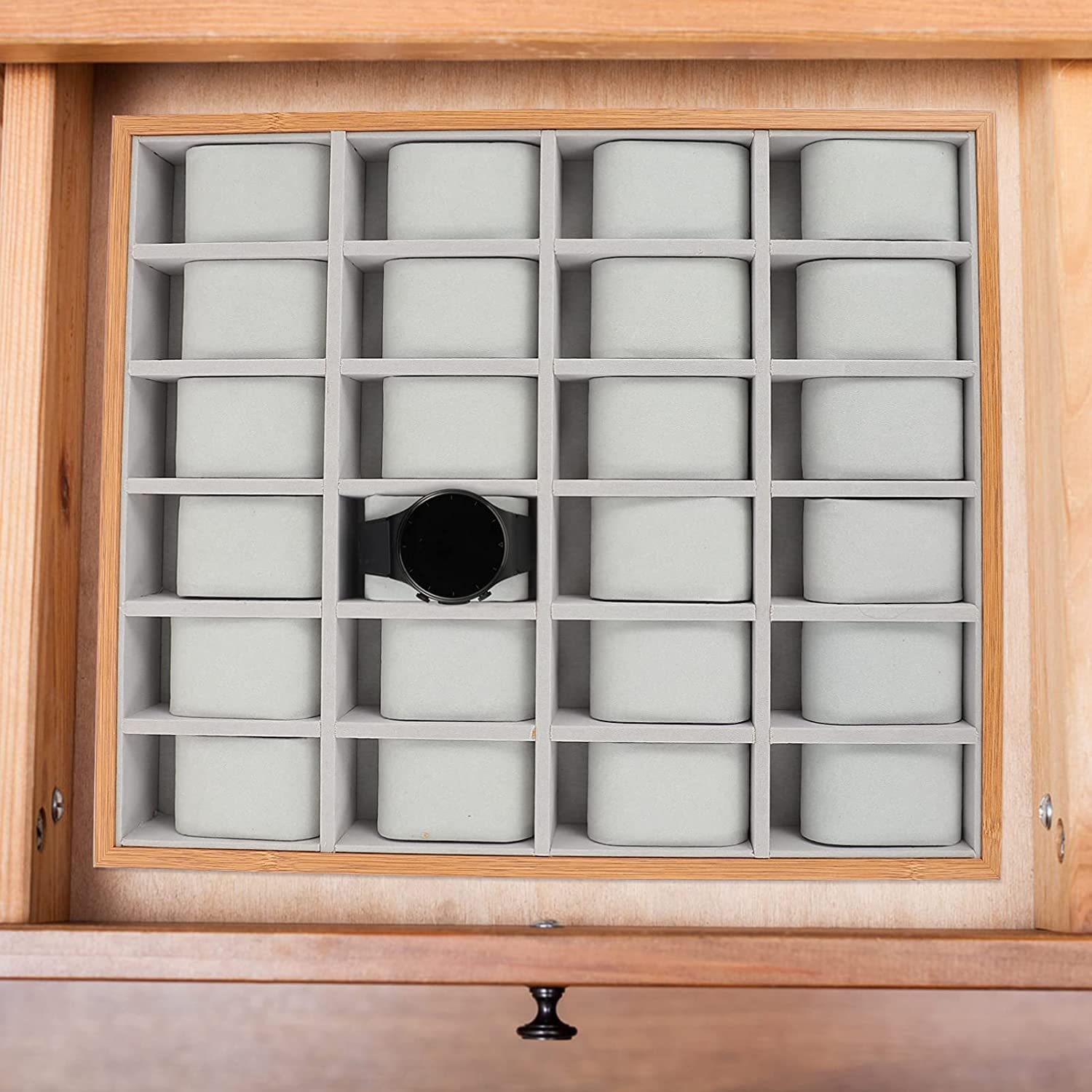 Uhrenvitrine aus Holz mit 24 Fächern, dekoratives Schmuck-Display, Schublade, Organizer für Halsketten, Armreifen, Armbänder, Armbanduhren, Schmuck, Geschenk für Herren/Frauen, Beige