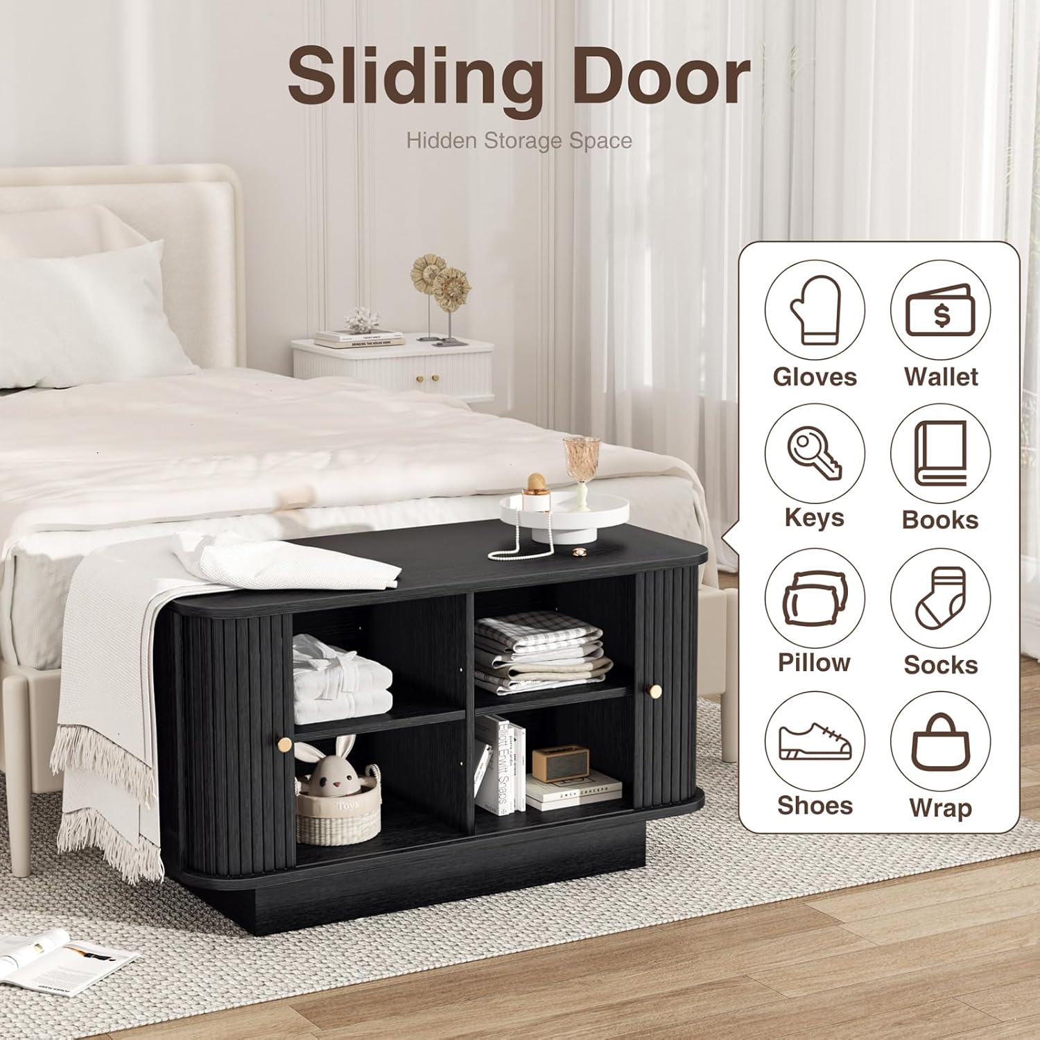 Fluted Shoe Storage Bench, 31" W Small Entryway Bench with Sliding Door, Mud Room Benches with Seat, Upholstered Wooden Rack Organization for Living Room, Apartment, Dorm, Black