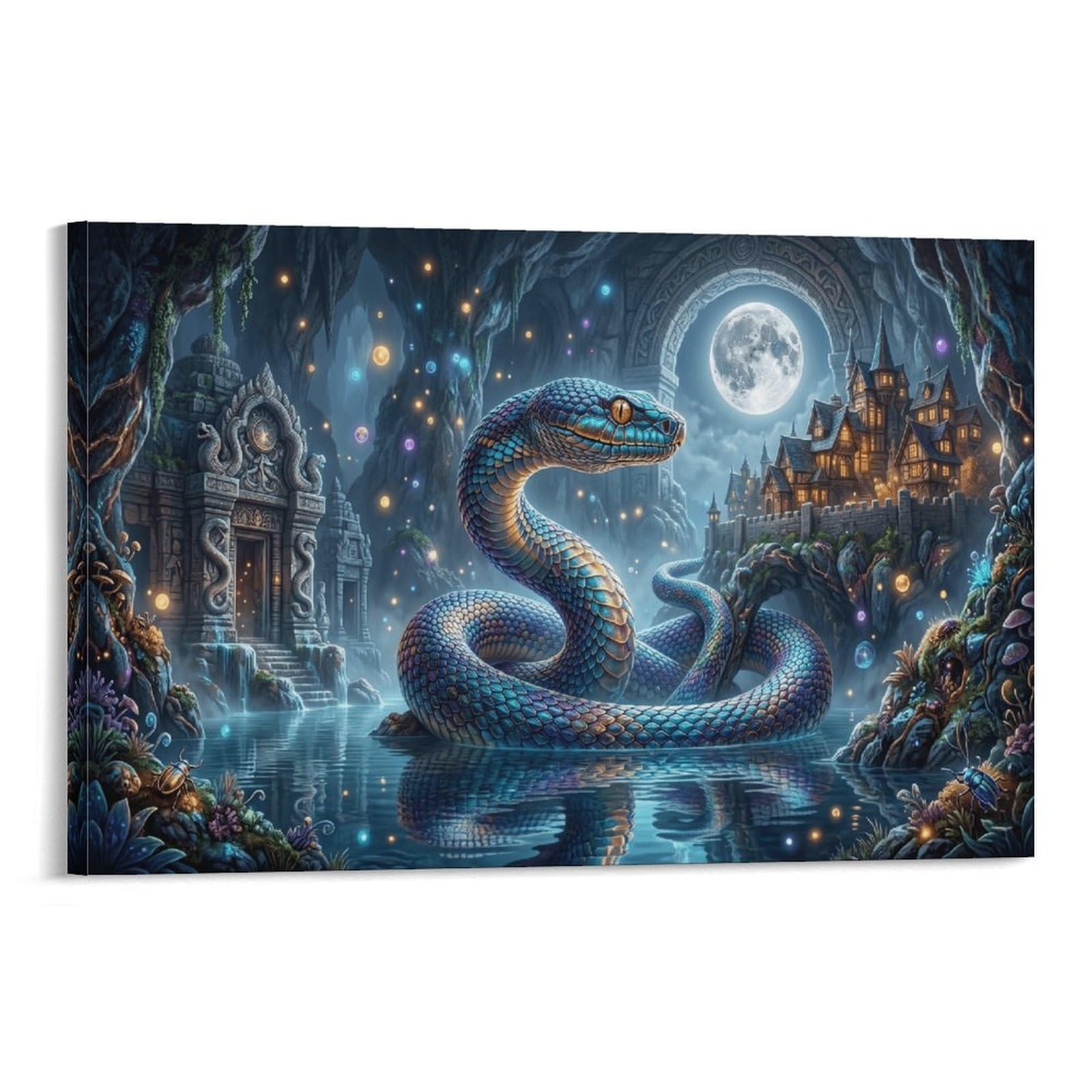 XPASHIQWC Serpent Poster Artwork Moonlit Temple Canvas Prints Picture Modern Canvas Wall Art Picture Wall Hanging for Bedroom Living Room Decor 16x24inch(40x60cm)