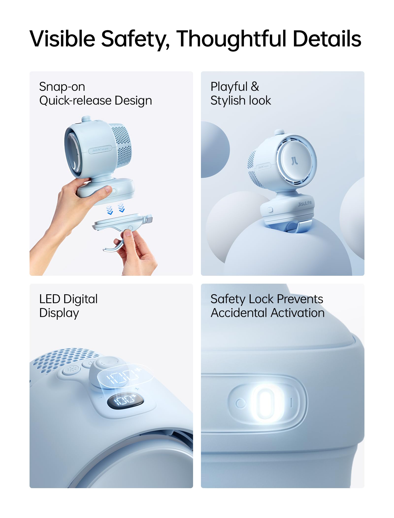 JISULIFE Ventola per passeggino con clip 2026, per bambini, oscillazione automatica intelligente a 180° con 100 velocità, batteria super lunga 21h, ventilatore portatile per culla, passeggino e camera
