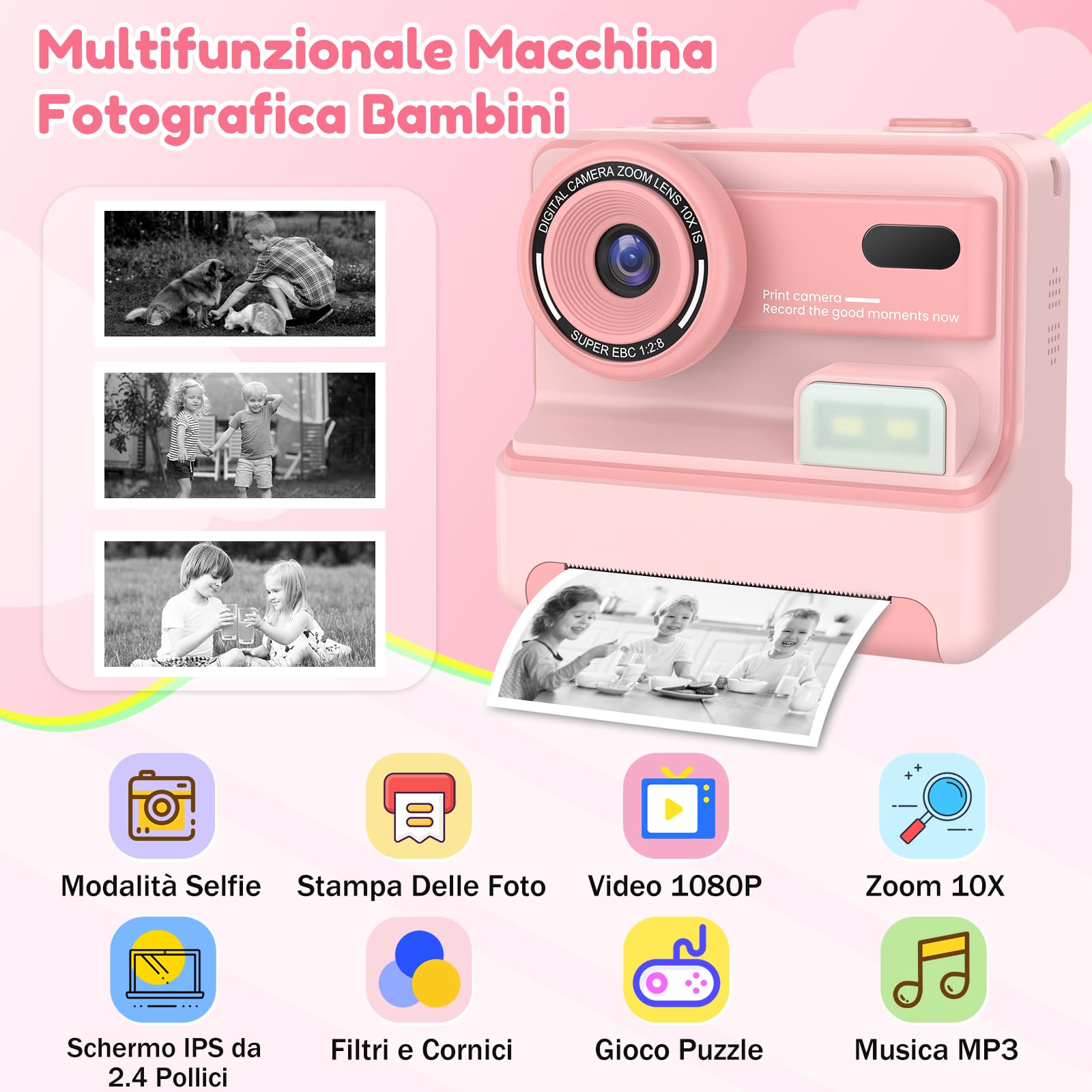 Macchina Fotografica Bambini Istantanea, 48M/1080P Fotocamera Bambini Selfie, 2.4 Pollici Macchina Fotografica Banbini con Carta da Stampa e 32GB Scheda,Regali per Ragazze Ragazzi 3-12 Anni (Rosa)