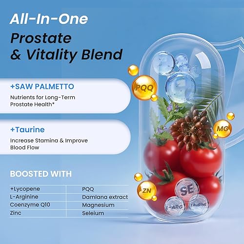 Miniatura 5 de Saw Palmetto - Suplemento para la salud de la próstata para hombres, bloqueador de DHT con taurina y licopeno, flujo urinario y alivio de la vejiga,