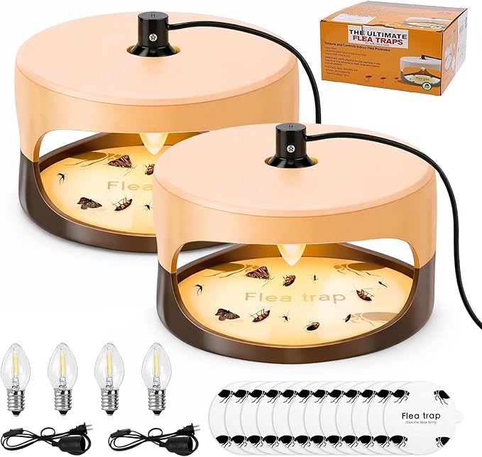 2 Pack Flea Trap, Flea Lamp Traps for House with 4 Light Bulbs & 12 Glue Discs, Rechargable Natural Flea Catcher Light Kit, Fleas Catcher for Home Carpets Bedding