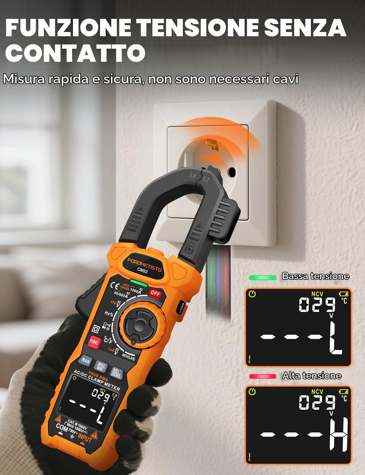 Pinza Amperometrica Professionale 6000 Counts TRMS 1000 A con VFD e LoZ, Voltmetro Amperometro CM02 CA 750V/CC 1000V, Misura AC/DC, Corrente d'Avviamento, NCV, Temperatura, Capacità