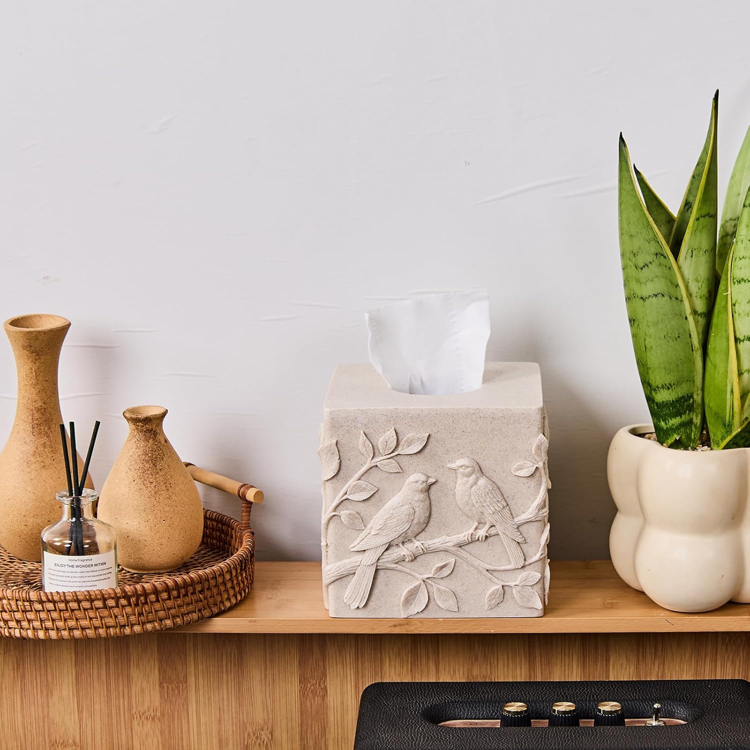 Beige Sandstone Relief Birds Square Tissue Box Cover Decorative,Resin Heavy Sturdy Tissue Box Holder, Facial Paper Holder for Bathroom Vanity Countertop, Bedroom Night Stand,Office and End Table