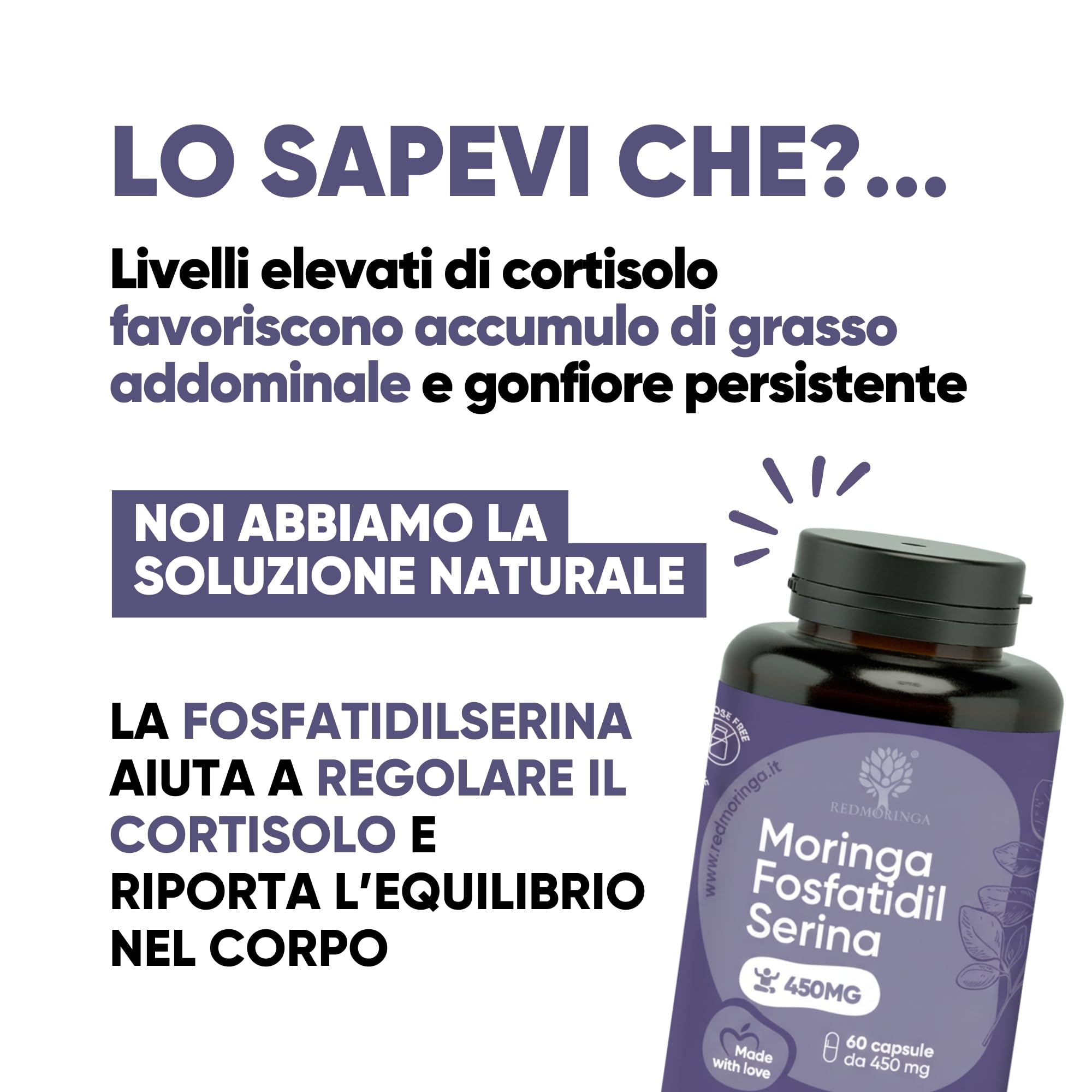Fosfatidilserina 450mg potenziata con Moringa | Abbassa CORTISOLO, Utile per Stress, Metabolismo, Memoria e Concentrazione | Integratore Alimentare | 180 Capsule Naturali Made in Italy | RedMoringa