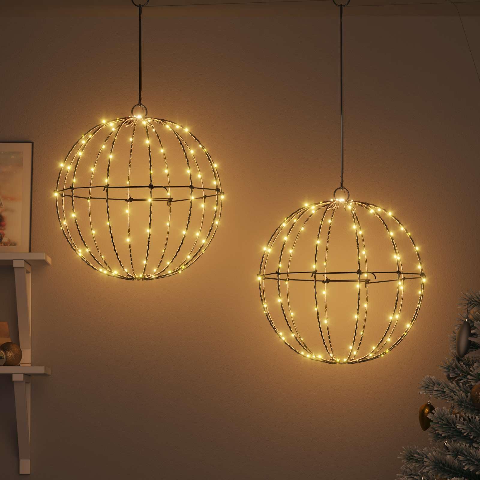Sfere natalizie luminose a LED in metallo, bianco caldo, set da 2