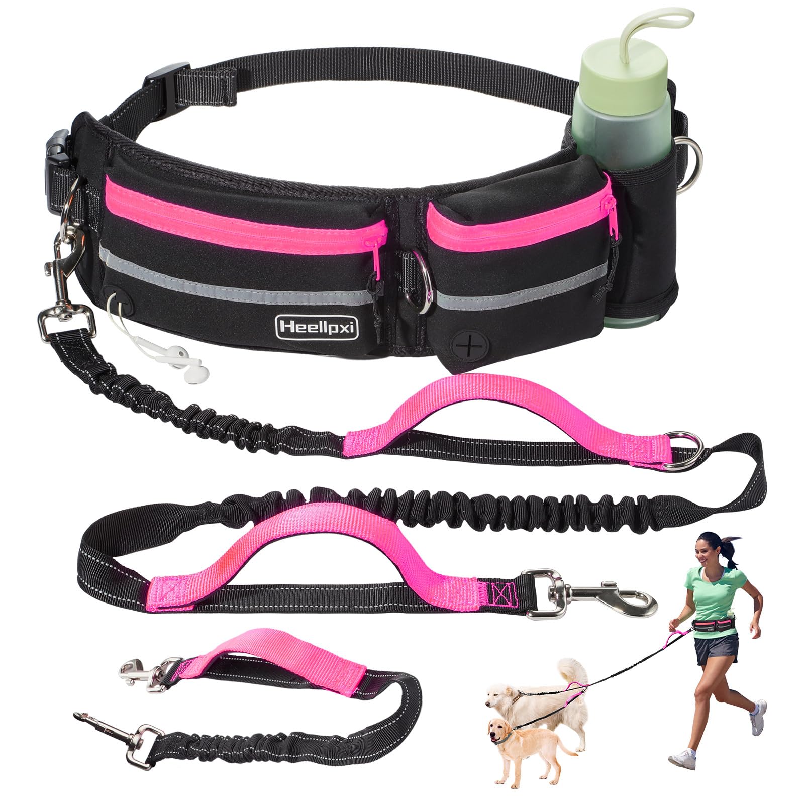 Hands-Free Dog Leash with Pouch, Waist Leash for Walking Two Dogs, Reflective Stitching, Dual Handle, Bungee Retractable for Medium to Large Dogs - Pink,Dog Walking Accessories