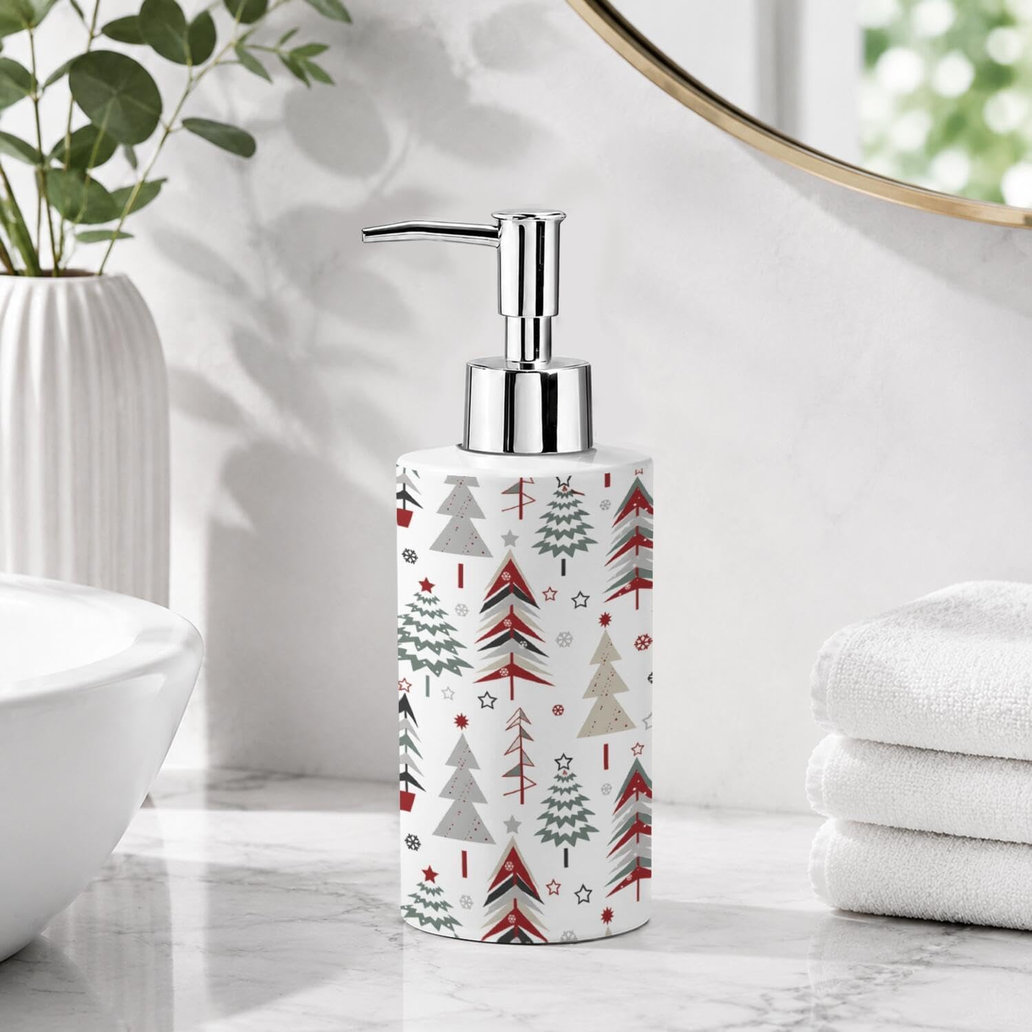 Christmas Tree Glass Soap Dispenser with Metal Pump, Winter Festive Liquid Hand Soap Container Bottle for Bathroom Countertop, Kitchen Sink, Holiday Home Decor Accessories, 12 Oz