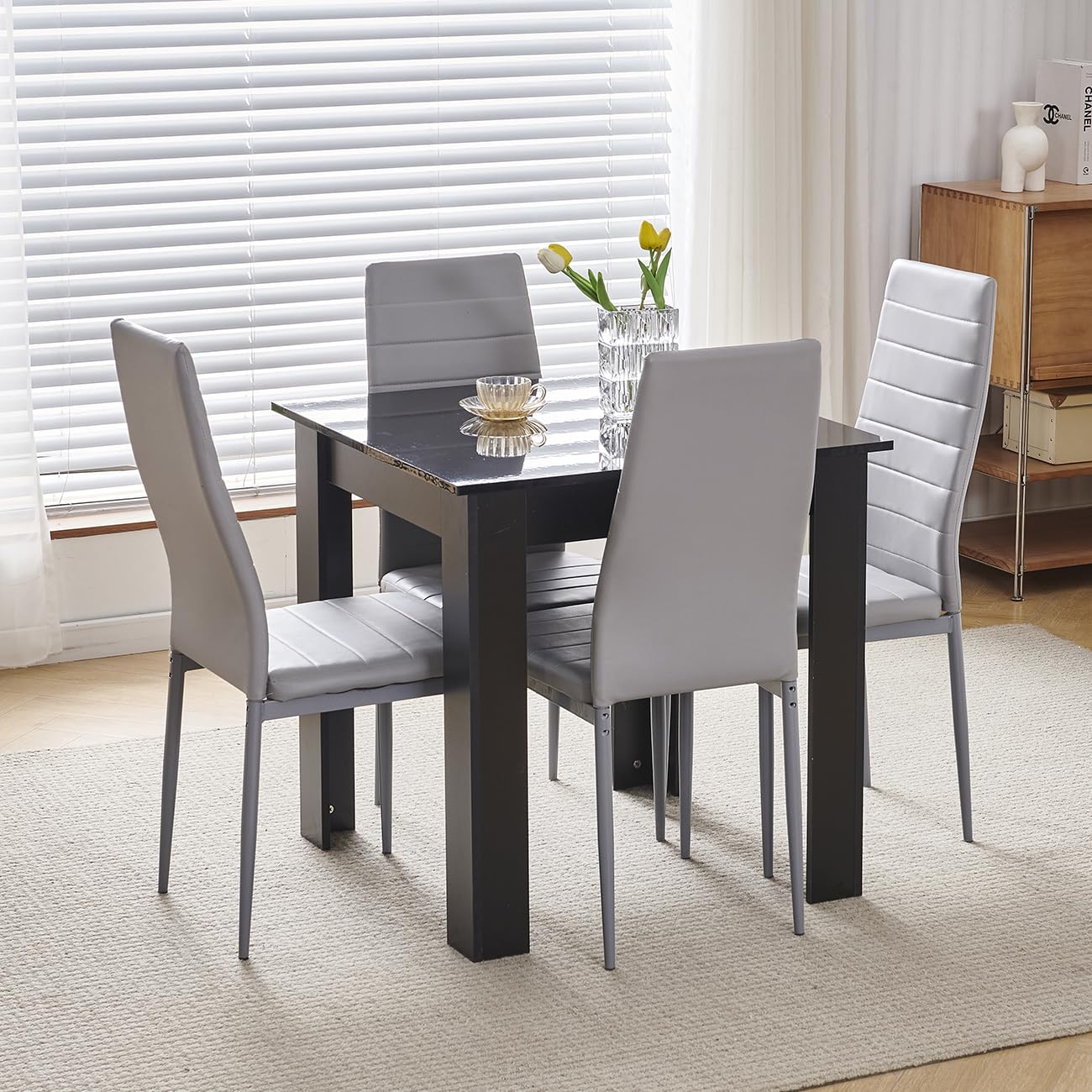 Homullel 75x75 cm Small Dining Table and 4 Chairs, 4 Seater Table and Chairs Set Kitchen Dining Room Set for 4, Compact, Space Saving, Wooden, Glossing Tabletop Black (4 Seats, Faux Leather Grey #1)
