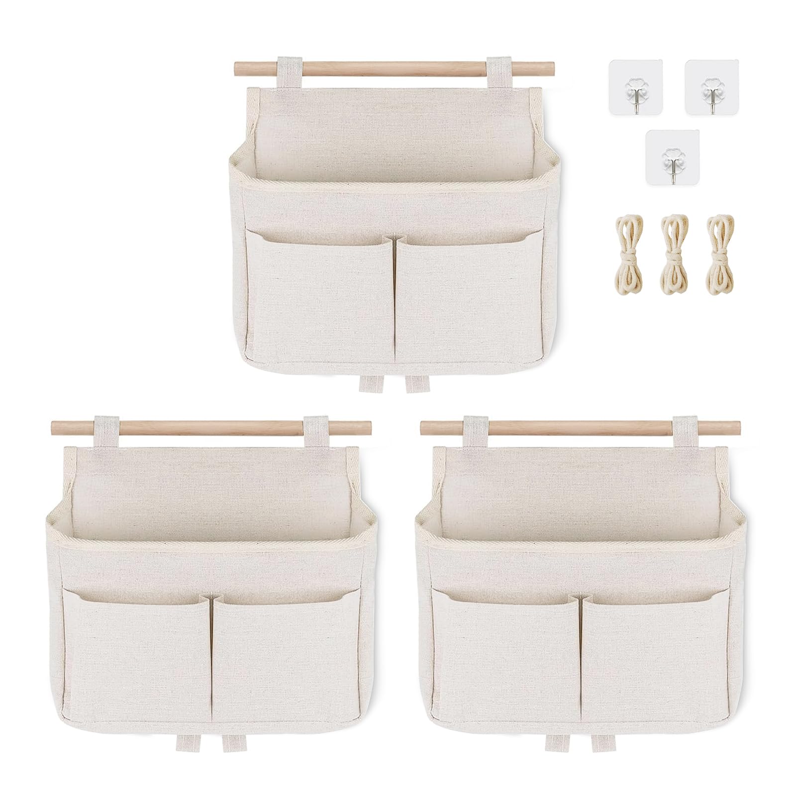 3 Stück Hängeorganizer Hängetasche, Aufbewahrungstasche Hängend, Wand Hängeaufbewahrung, Leinen Stoff Organizer Hängend, Wandorganizer mit Haken für Home, Office, Bad, Kinderzimmer (Weiß) Küche, Haushalt & Wohnen