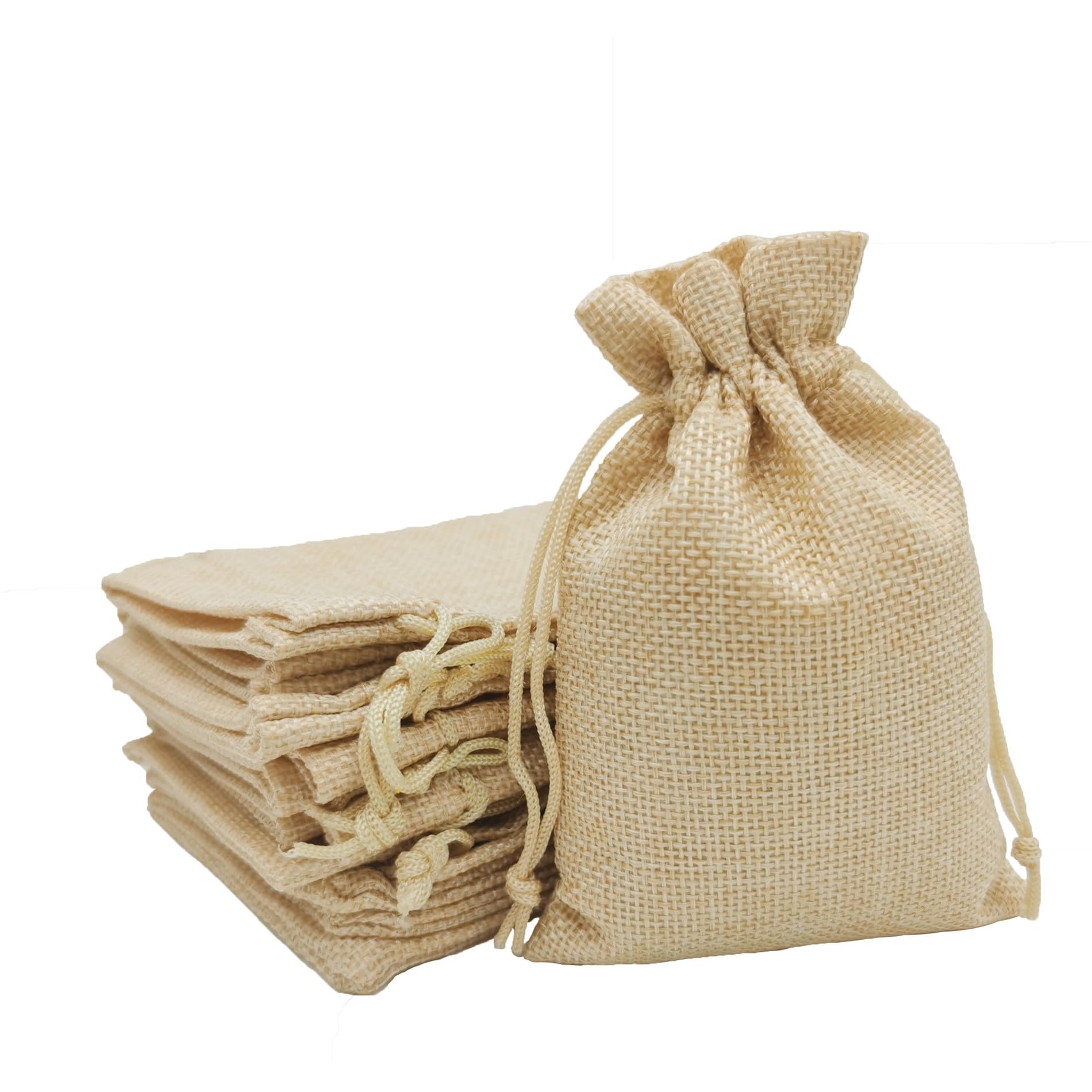 Lot de 60 sacs cadeaux en lin avec cordon de serrage - Pour bijoux, mariage, Noël, fête - Beige - 10 x 14 cm