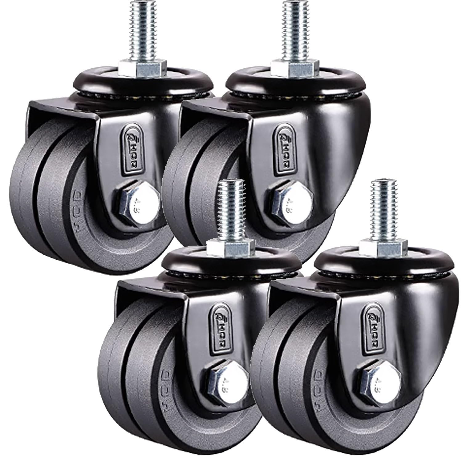 Set aus 4 Schwerlastrollen Tragkraft 600kg, 2.5 Zoll Drehung Transportrollen mit Bremse, Rollen mit Gewinde M12*25mm, Leise Nylonräder for Geräte/Möbel(Swivel,75mm)