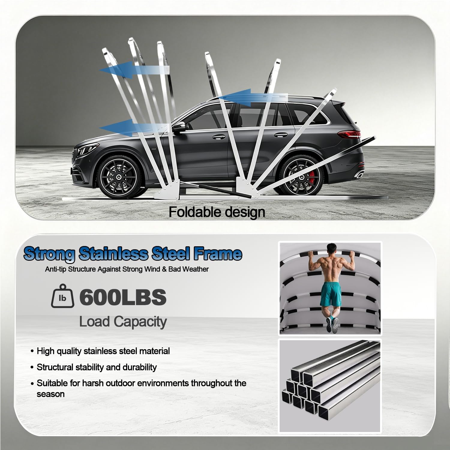Tettoia per Auto con Serratura Semiautomatica Pieghevole Mobile Garage Auto per Esterno Acciaio Inox Tessuto Oxford Di Spessore 600D Protezione Solare/Pioggia per Parcheggio SUV (5.5×2.5×2.3m)