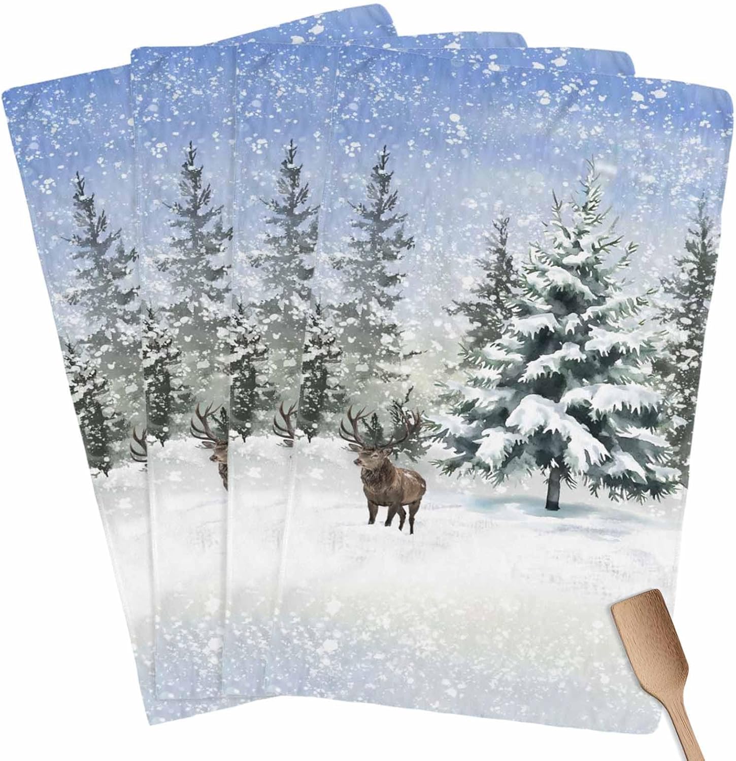 Christmas Kitchen Towels, Absorbent Microfiber Kitchen Dish Hand Tea Bath Towel, Quick Dry Cleaning Cloth Dishclothes Decorative Sets, Forest Snowy Elk Xmas Tree Winter Snowflake (4-PC, 18x28)