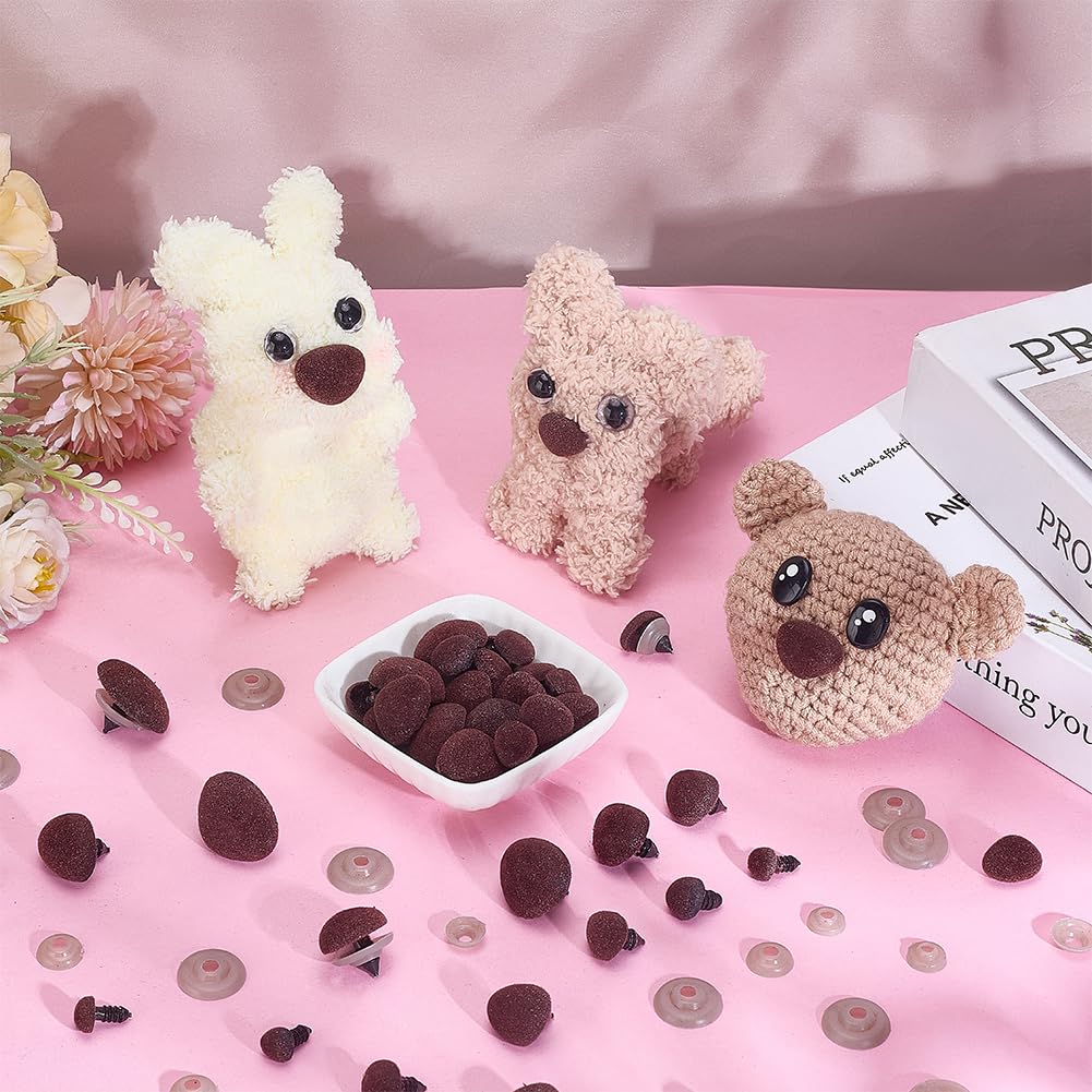 PH PandaHall 120 nasi di sicurezza floccati, 6 dimensioni, a triangolo, in plastica, con rondelle, per amigurumi e progetti di artigianato all'uncinetto, 11-29 mm, marrone