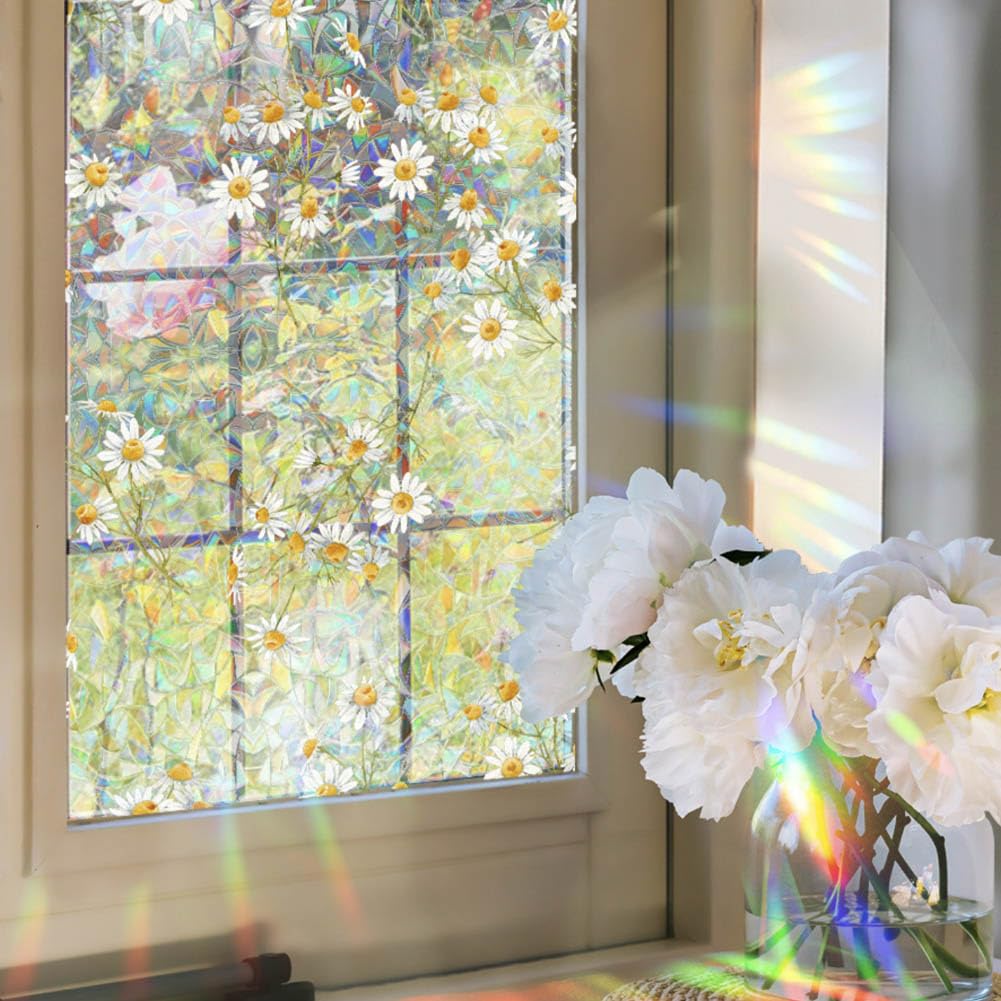Static Cling Decorative Window Film Vintage Daisy Flower Window Privacy Film PVC Stained Glass Window Sticker Heat Blocking Window Coverings for Bathroom Living Room Kitchen,43x100cm - Image 3