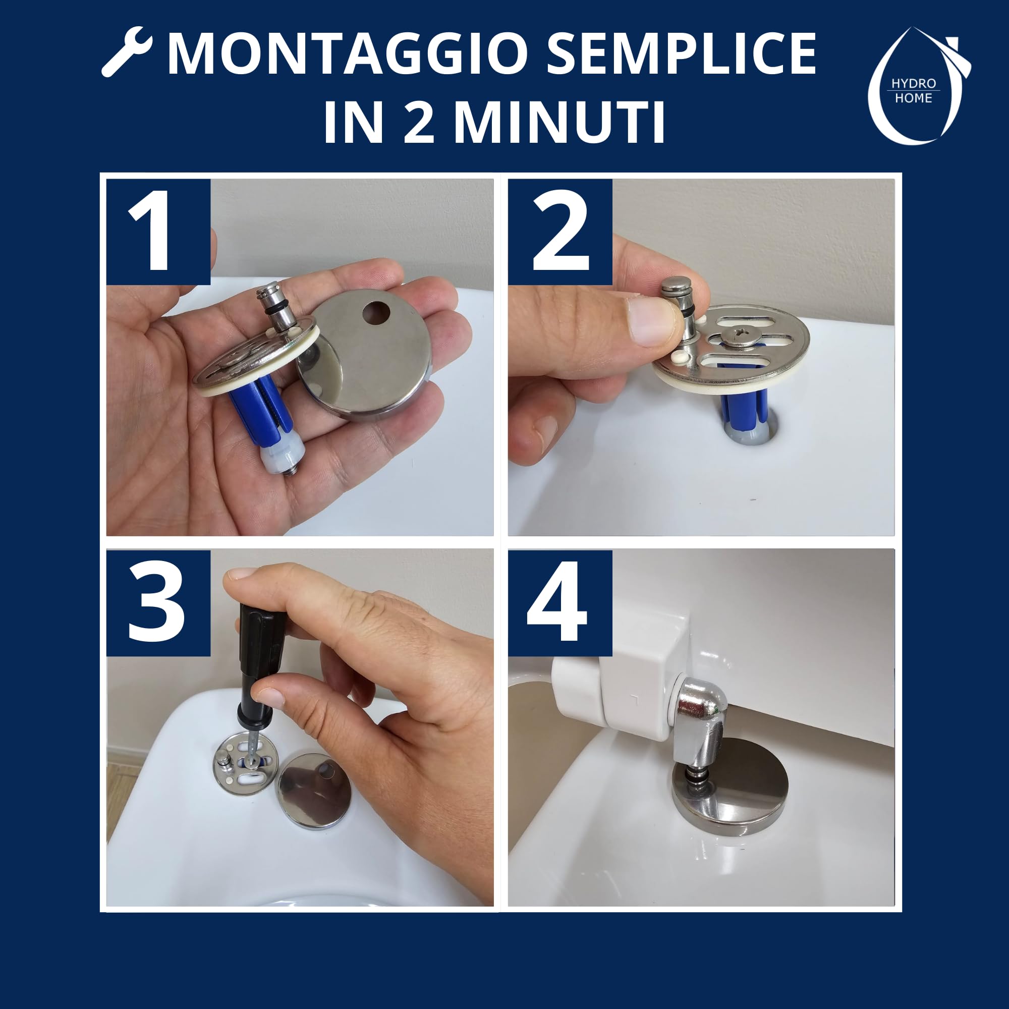 HYDRO HOME Copriwater Rettangolare HH313 Universale Compatibile con Vari Modelli, Tavoletta WC in Plastica Termoindurente, Antibatterico, Cerniere Regolabili Soft Close, Bianco (Chiusura ammortizzat)