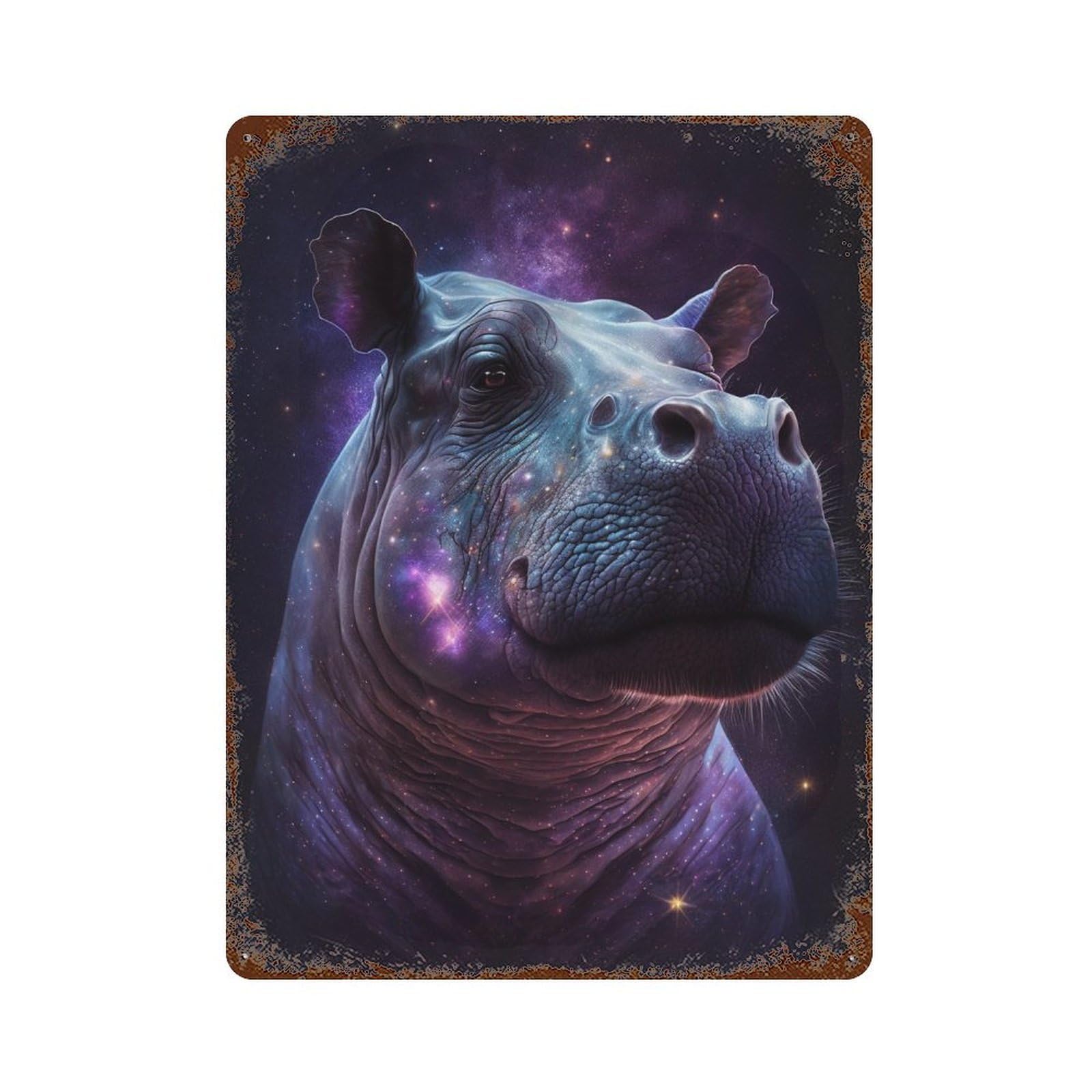 Rusty Metal Tin Sign with Galactic Hippo Portrait Design 15.7"x11.8", for Farmhouse, Kitchen And Entryway Decor, Classic Wall Plaque