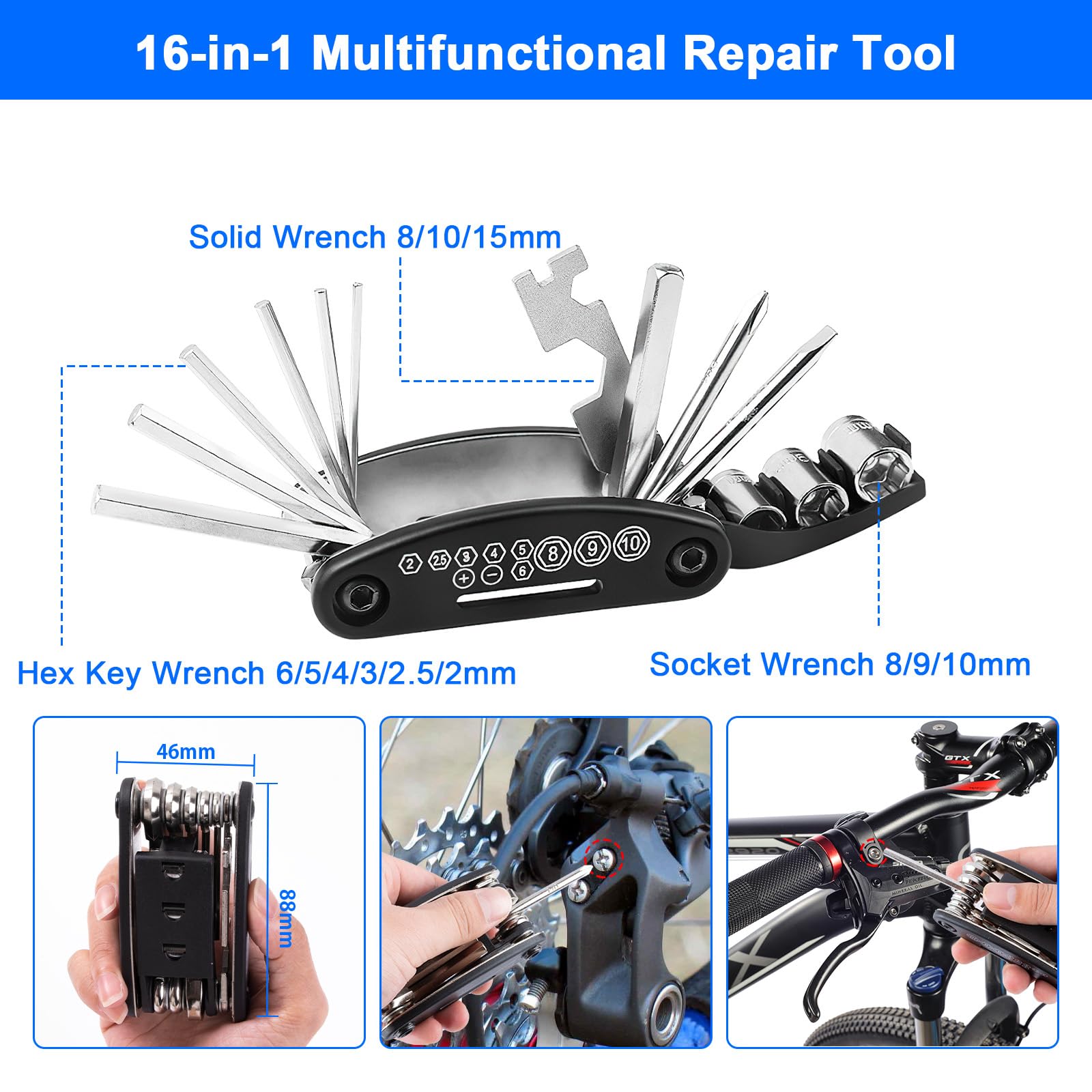 Kit Riparazione Pneumatici Bici Ninonly - 38 Pezzi Con Pompa 120PSI E Attrezzo Multifunzione 16 In 1 | Emergenza E Viaggi - Foto 7