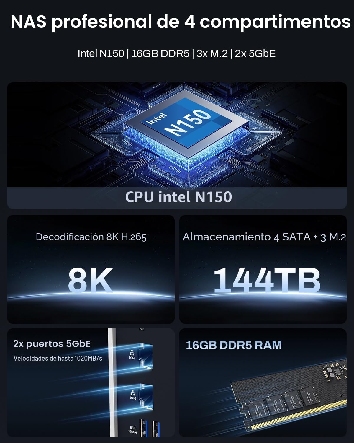 TERRAMASTER Almacenamiento NAS F4-425 Plus 4 Bahías CPU Intel N150 Quad-Core, 16GB RAM DDR5, 5GbE LAN x 2, Ranura M.2 x 3, Almacenamiento Conectado a Red para Trabajo en Equipo(Sin Discos)