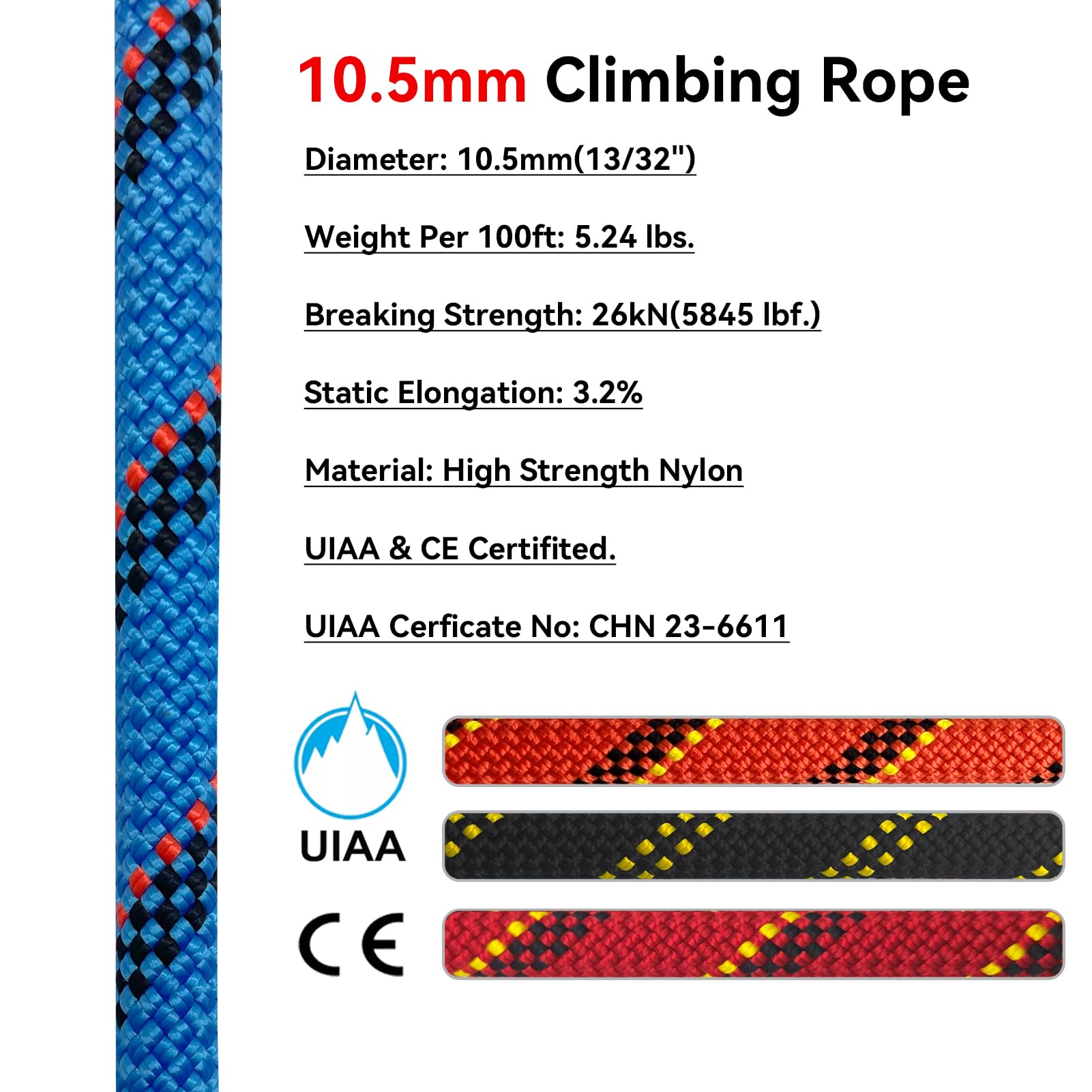 BlazeBeam Static Climbing Rope 10.5mm UIAA Static Line Rappelling Rope 45M (150ft) Nylon Kern Mantle Rope for Escape Rope Rock Climbing, Mountain Tree Climbing, Hauling, Rescue