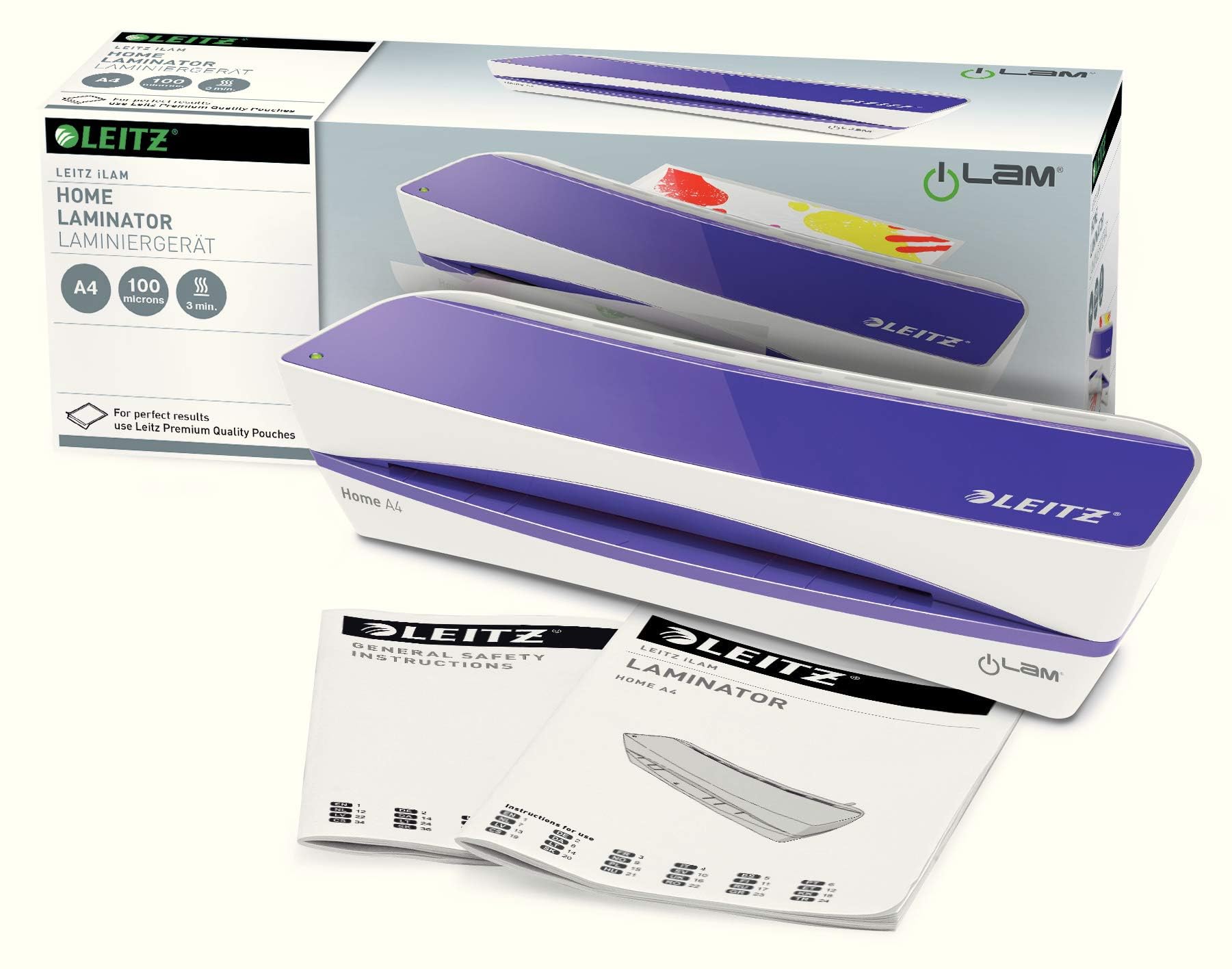 Leitz Laminator A4, do folii do laminowania od 80 do 100 mikronów, idealny do domu w salonie lub własnym biurze, domowym biurze, fioletowym, iLAM Home A4, 73660065