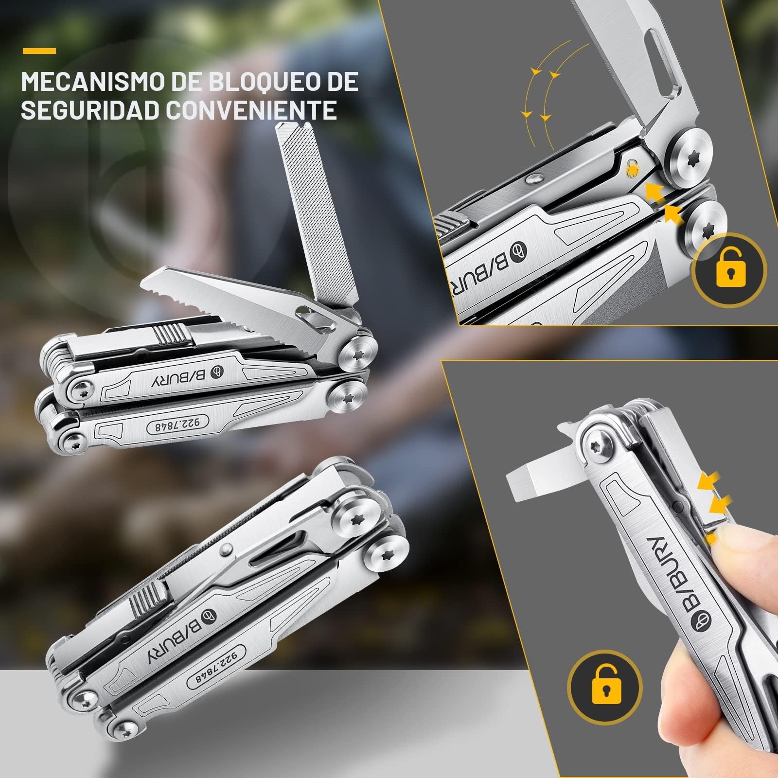 BIBURY Multiherramienta de Alicates, Navaja Multiusos de Acero Inoxidable con Bloqueo de Seguridad, Portátiles Alicates Plegables para la Supervivencia en el Exterior, Camping, Hogar, Reparación