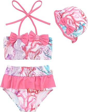 ALVABABY Toddler Girls Two Pieces Swimsuit with Hat,Reusable Toddler Bikini,Infant Bathing Sleeveless