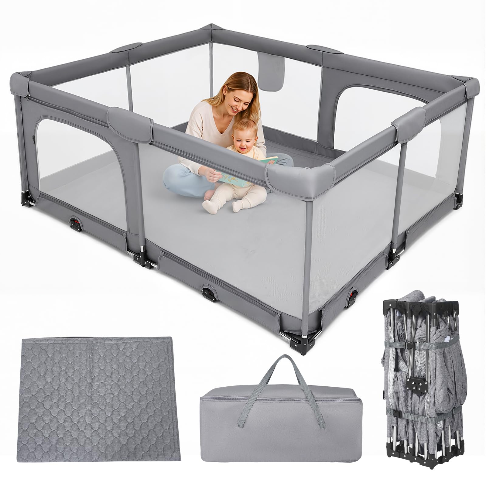 Parc pliable pour bébé 180 x 150 cm, 2 entrées latérales, filet, bords doux | Utilisable sans montage, parc intérieur et extérieur avec filet respirant et anneaux de traction