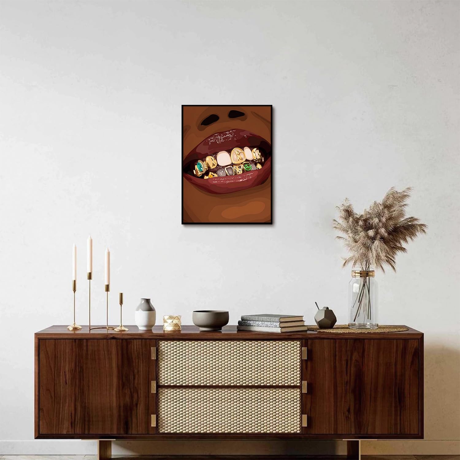 KISSFOX African American Framed Wall Art Decor Black Girl Pictures Wall Decor Trendy Lips Gold Grillz Canvas Art Prints Hypebeast Hip Hop Paintings Artworks For Bar Apartment Dorm Bedroom