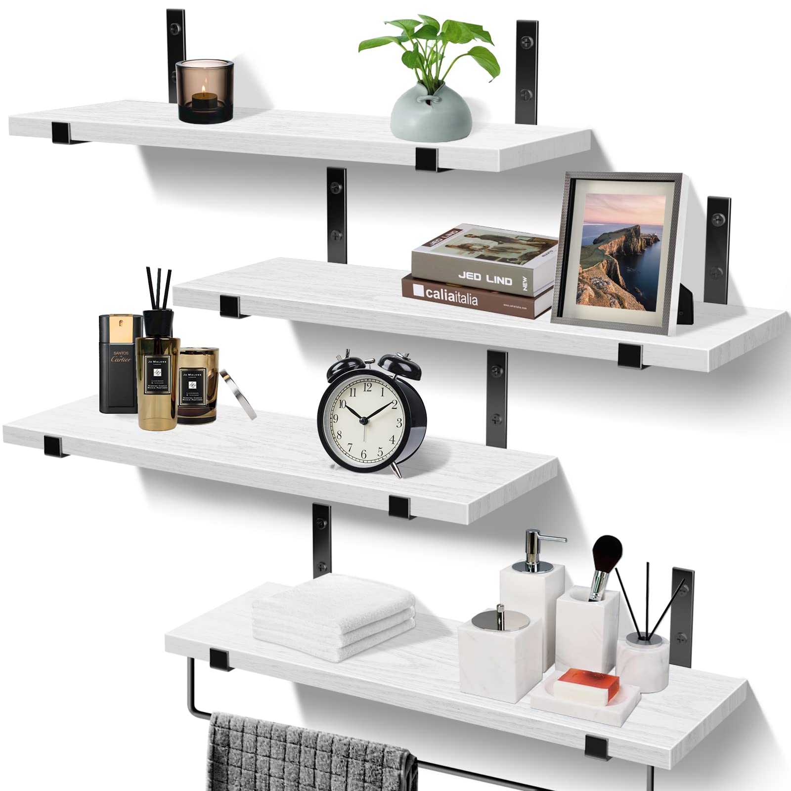 Buy White Floating Shelves for Wall Set of 4, HIPPIH Rustic Pine Wall