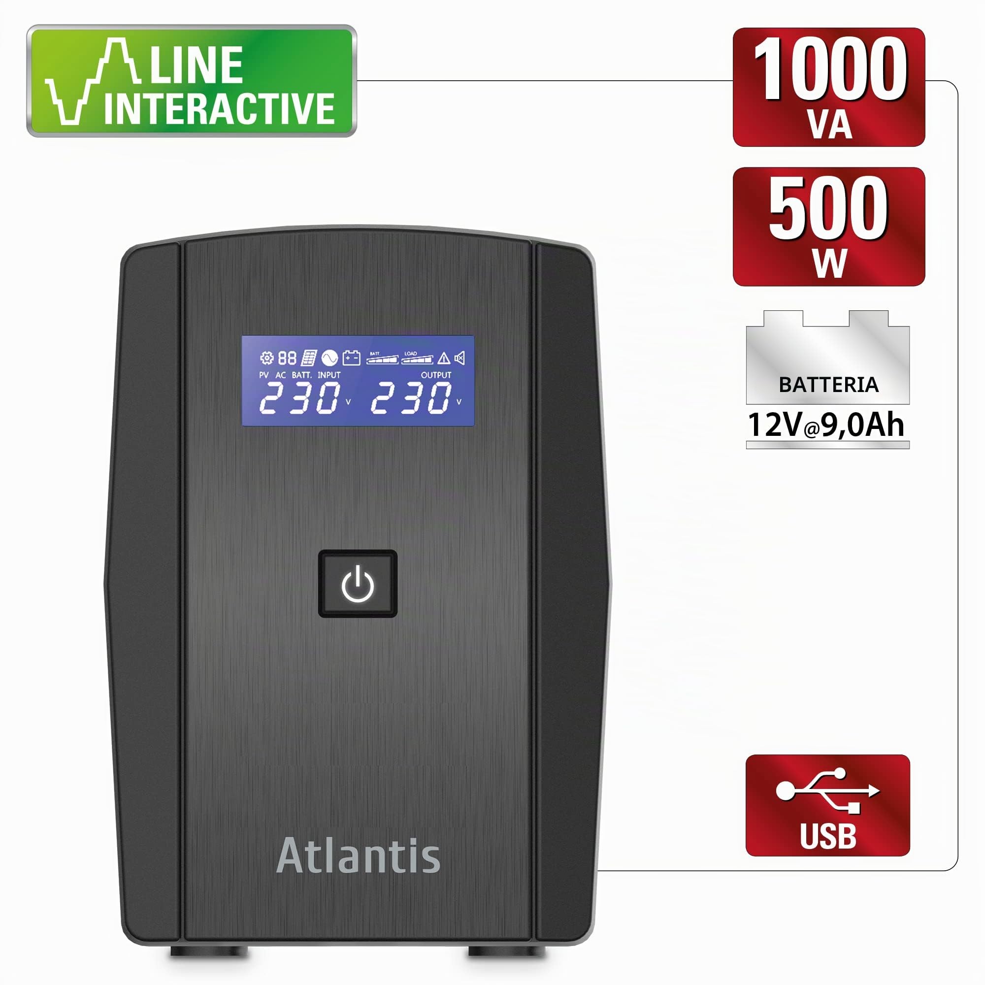 Atlantis Gruppo di Continuità UPS Line Interactive 1000VA/500W bat. 12V 9Ah | Onda pseudosinusoidale, Stabilizzatore AVR 3 stadi, 4 IEC, batteria 12V 9Ah, connessione USB, software gratuito, cod A03-S120