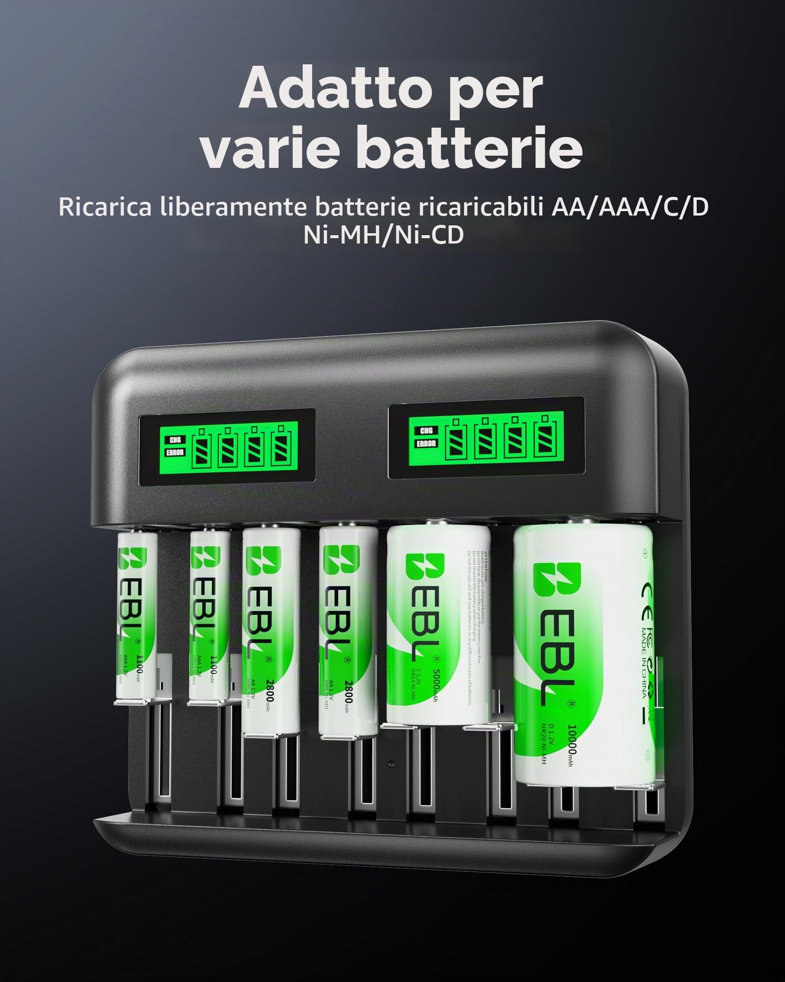 EBL Caricabatterie per batterie AA AAA C D NiMh, ingresso di tipo C, caricabatterie rapido, con display LCD