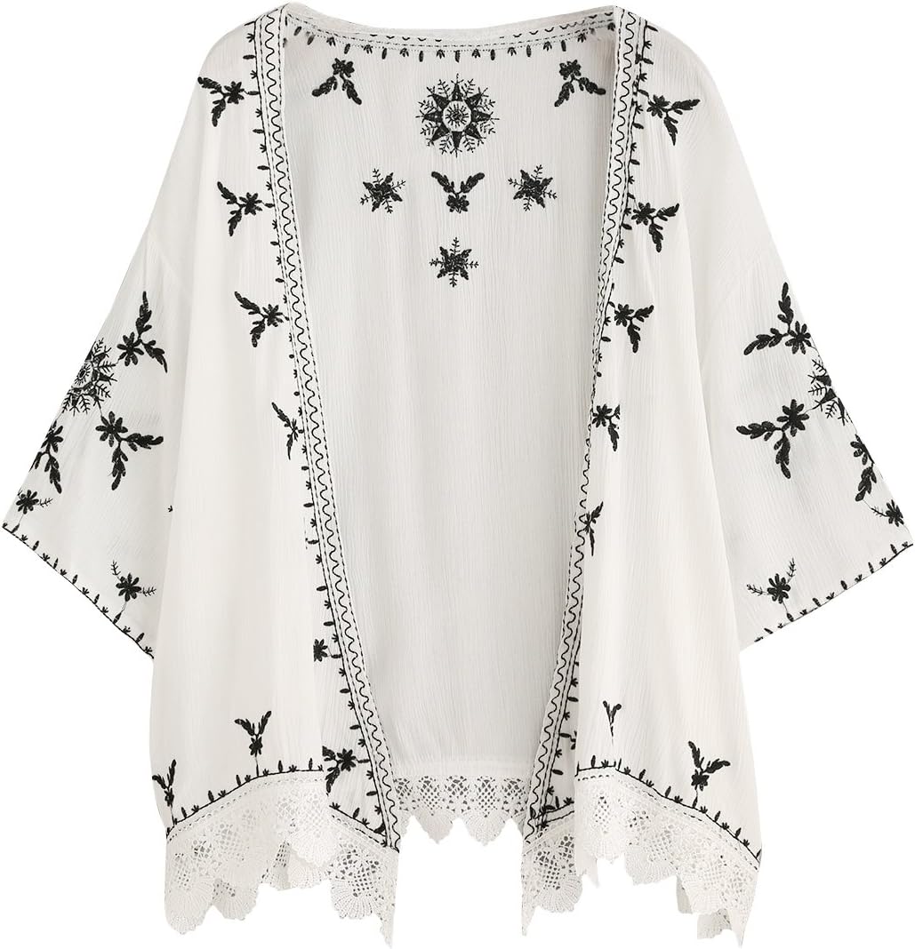 SweatyRocks Women's Floral Lace Crochet Kimono Cardigan Beach Wear Cover up White#7 S