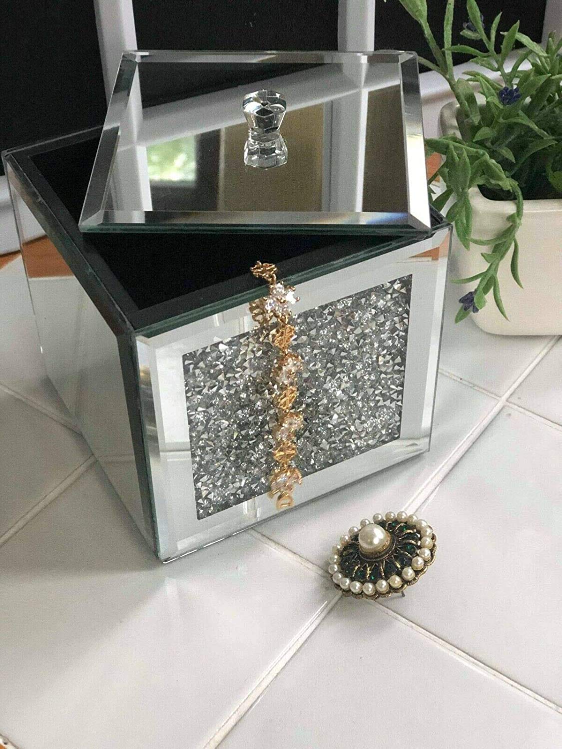 Biznest Silver Crushed Diamante Mirrored Glass Jewellery Box Eye Catching Design Black Velvet Inlay Trinket Box 11 X 10 X 10 Cm