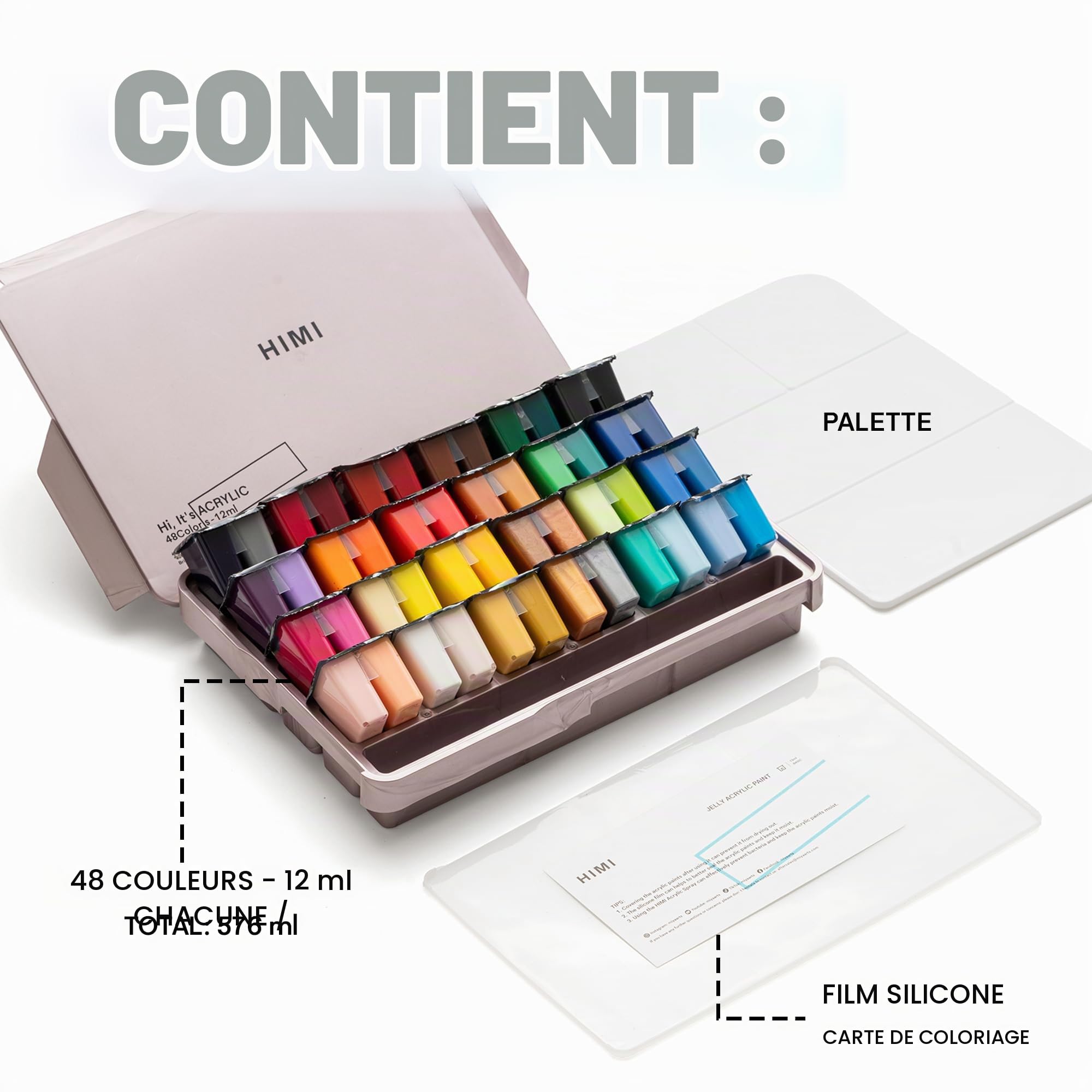 HIMI Ensemble de peinture acrylique double tasse, 48 couleurs, 12 g, haute viscosité, fournitures d'art pour peinture sur toile, bois de roche et céramique