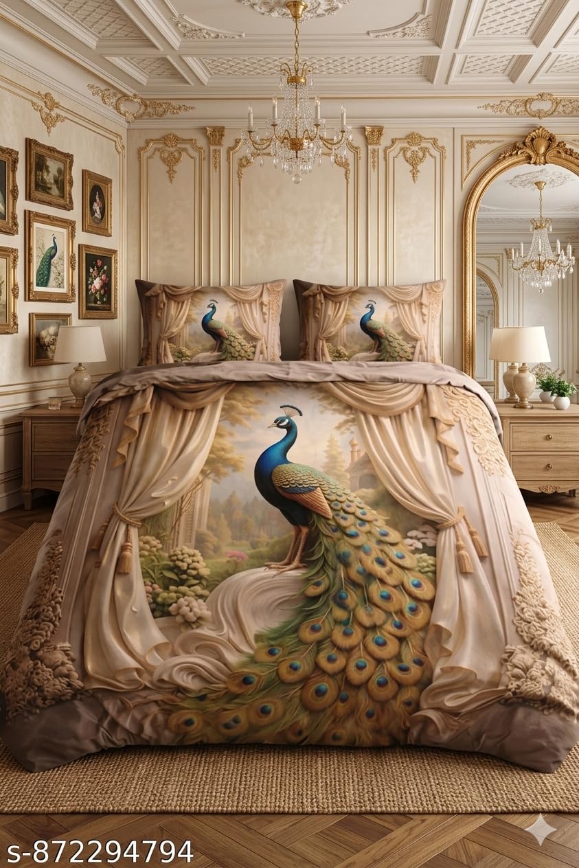 Peacock Print Bedding Set, Vintage Style, Beige and Blue, Double Bed Duvet Cover with Pillow Covers-image-43