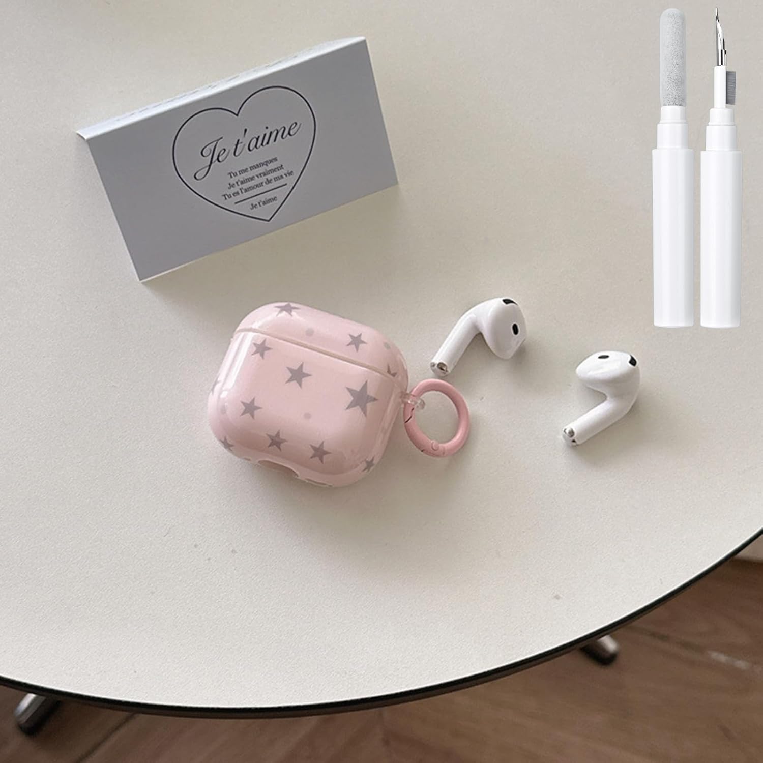Compatible for Airpods Pro 2 Case with Cleaner Kit Cute Star Printing Aesthetics Design Shockproof Keychain for Girls Women Protector Cover-Pink