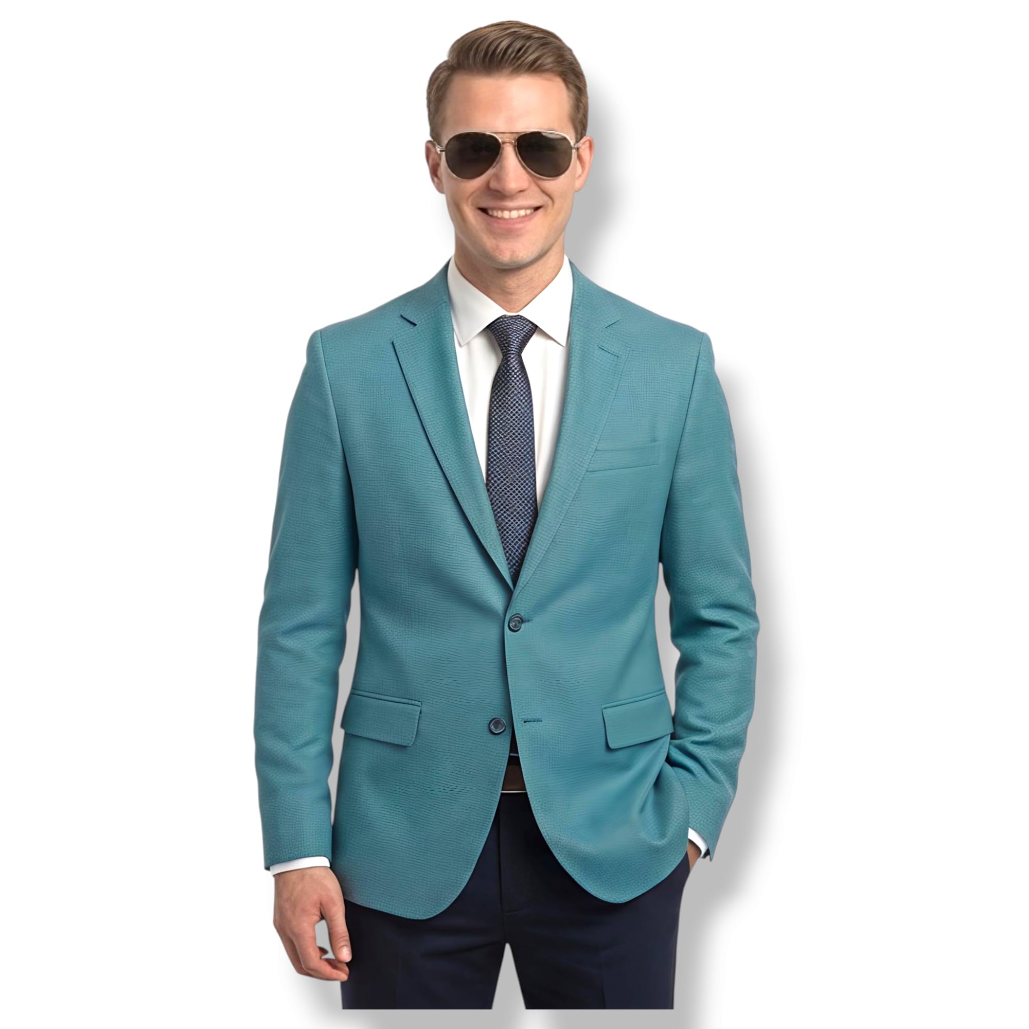 Men's Teal Slim Firozi Fit Blazer, Two-Button Sport Coat with Notch Lapel, Textured Polyester Blend, Formal Style-picture-22