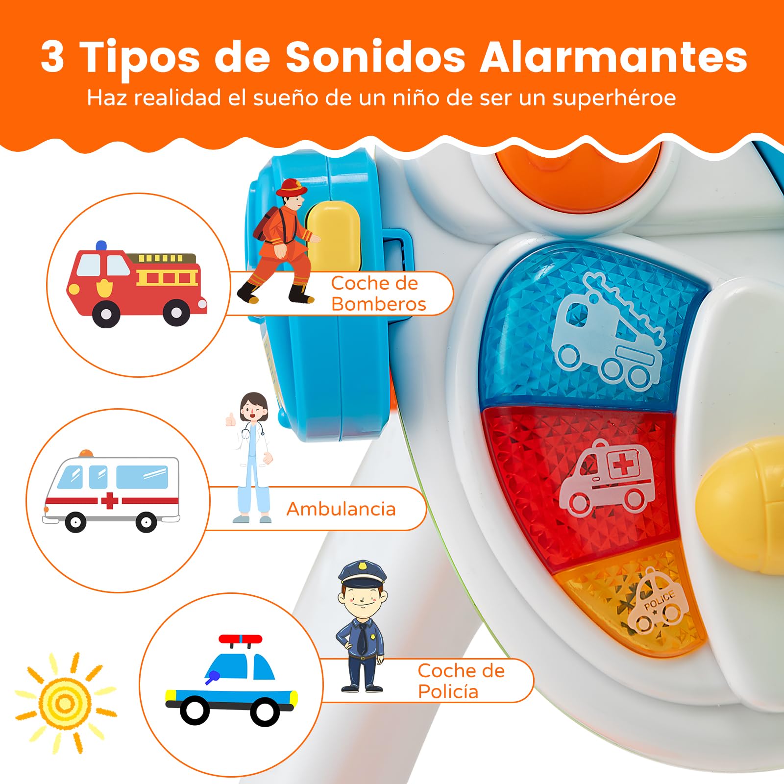 RELAX4LIFE Volante Juguete con Pantalla, Taburete, Efectos Luz y Sonido, Música, Claxon, Pedales y Intercomunicador, Volante Niños de ABS con Velocidad Ajustable, Juguete para Niños 3+ Años, Colorido
