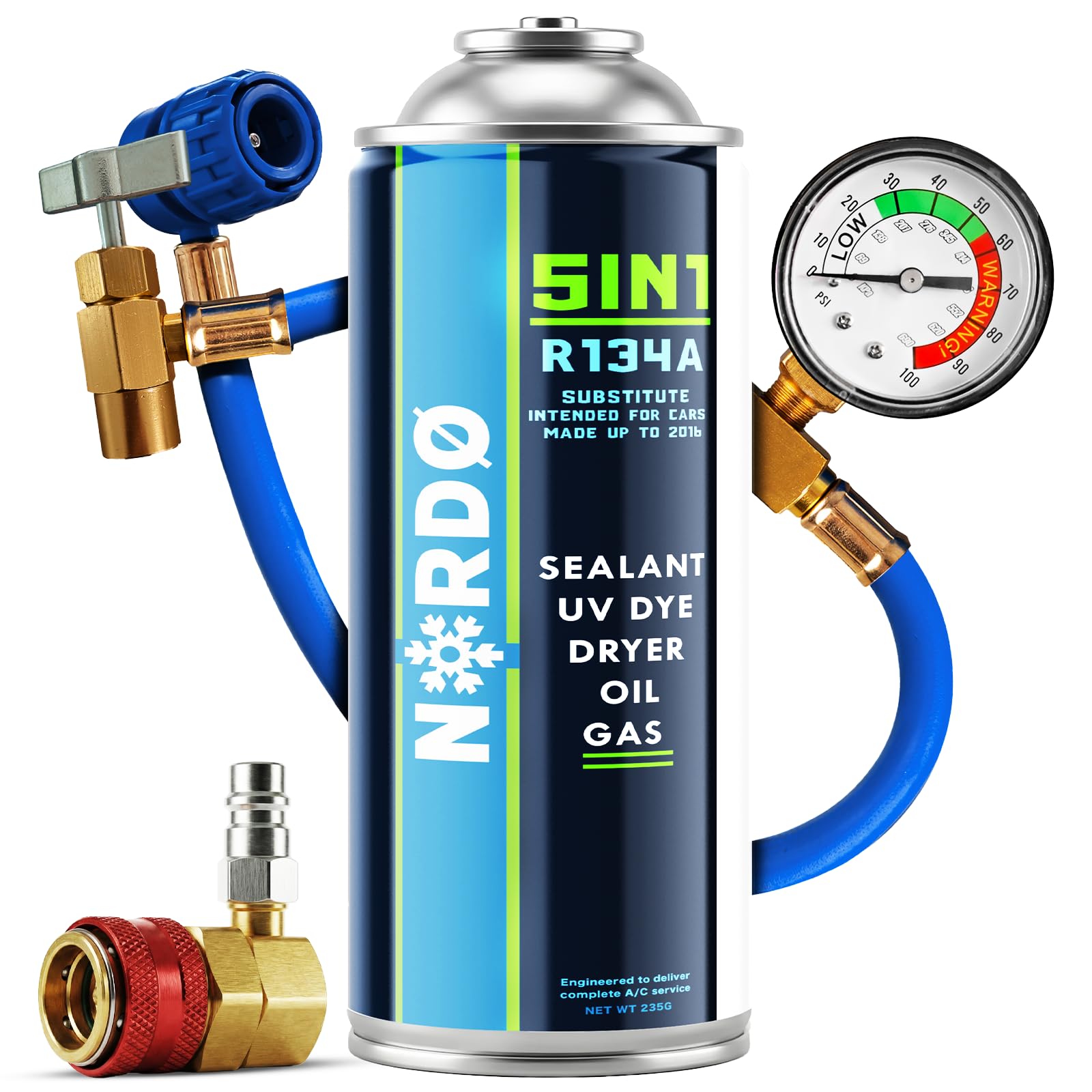 Nordo 5 en 1 – Refrigerante R134a XL para aire acondicionado de coche con aceite, sellador de fugas, trazador UV y deshidratante + adaptador HP/LP – Protege el compresor – 235 g por lata