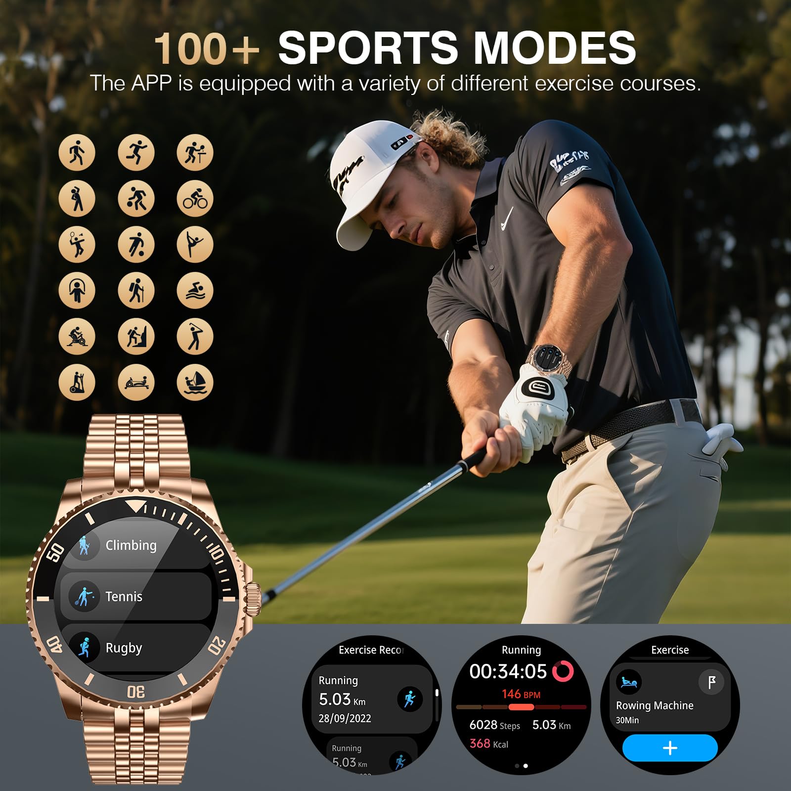2025 AI Smartwatch Herren Rund, 1.19" Smart Watch mit Anrufe tätigen/Empfangen, 107 Sportmodi Fitnessuhr mit Herzfrequenz/Schrittzähler/Schlafmonitor, Wasserdicht Sportuhr für Android iOS, Gold