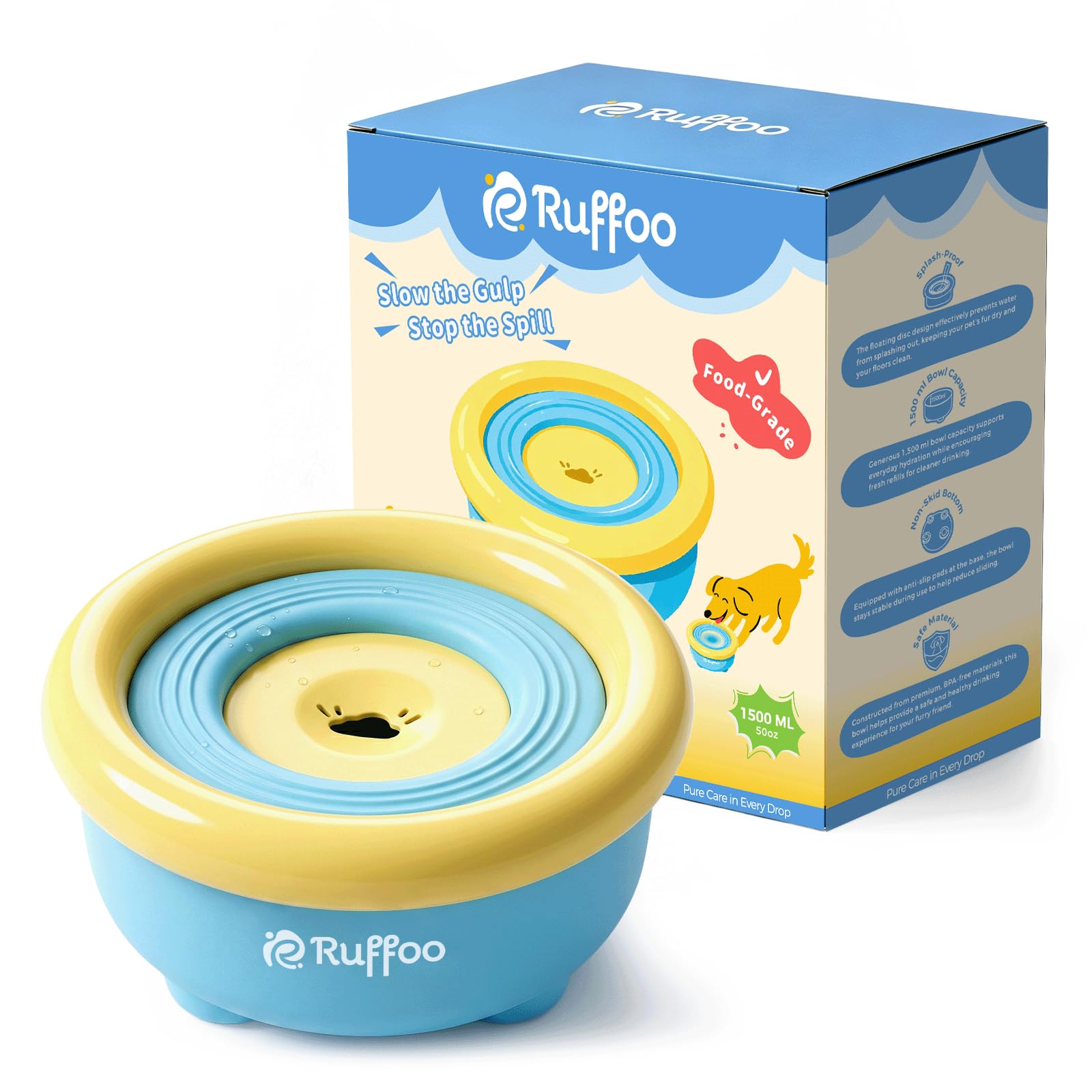 Ruffoo Sipflo 1.5L Non Spill Dog Water Bowl, Slow Drinking Splash Proof