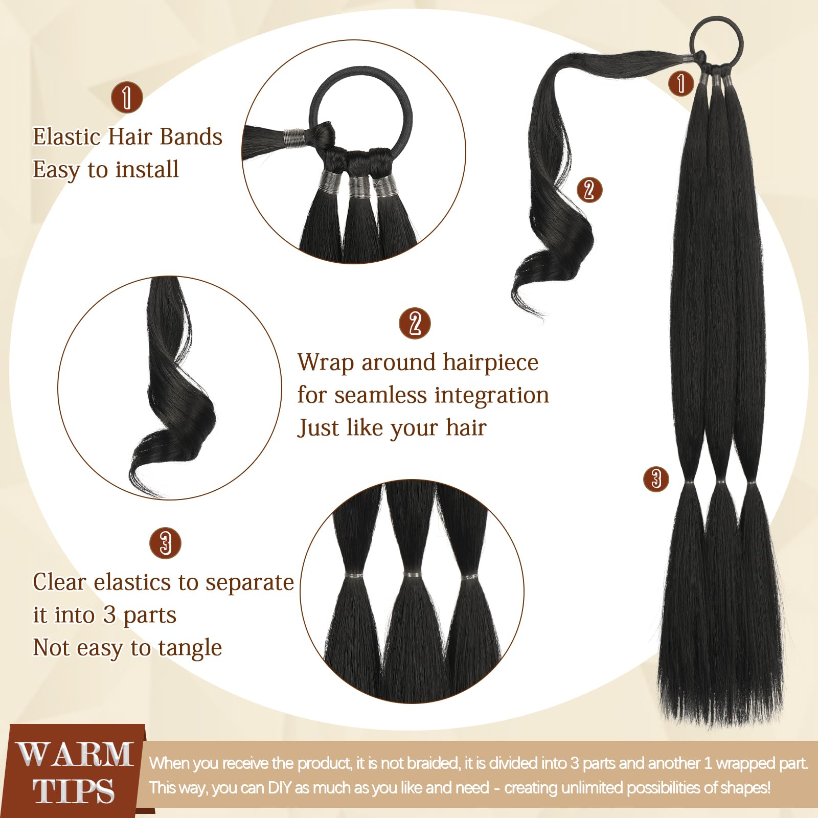 Sofeiyan Long Braid Ponytail Extension with Hair Tie Straight Sleek Wrap Around Hair Extensions Braid Pony Tail Fluffy Natural Soft Synthetic Hairpieces for Women Daily Wear 26 inch-Black - Image 2