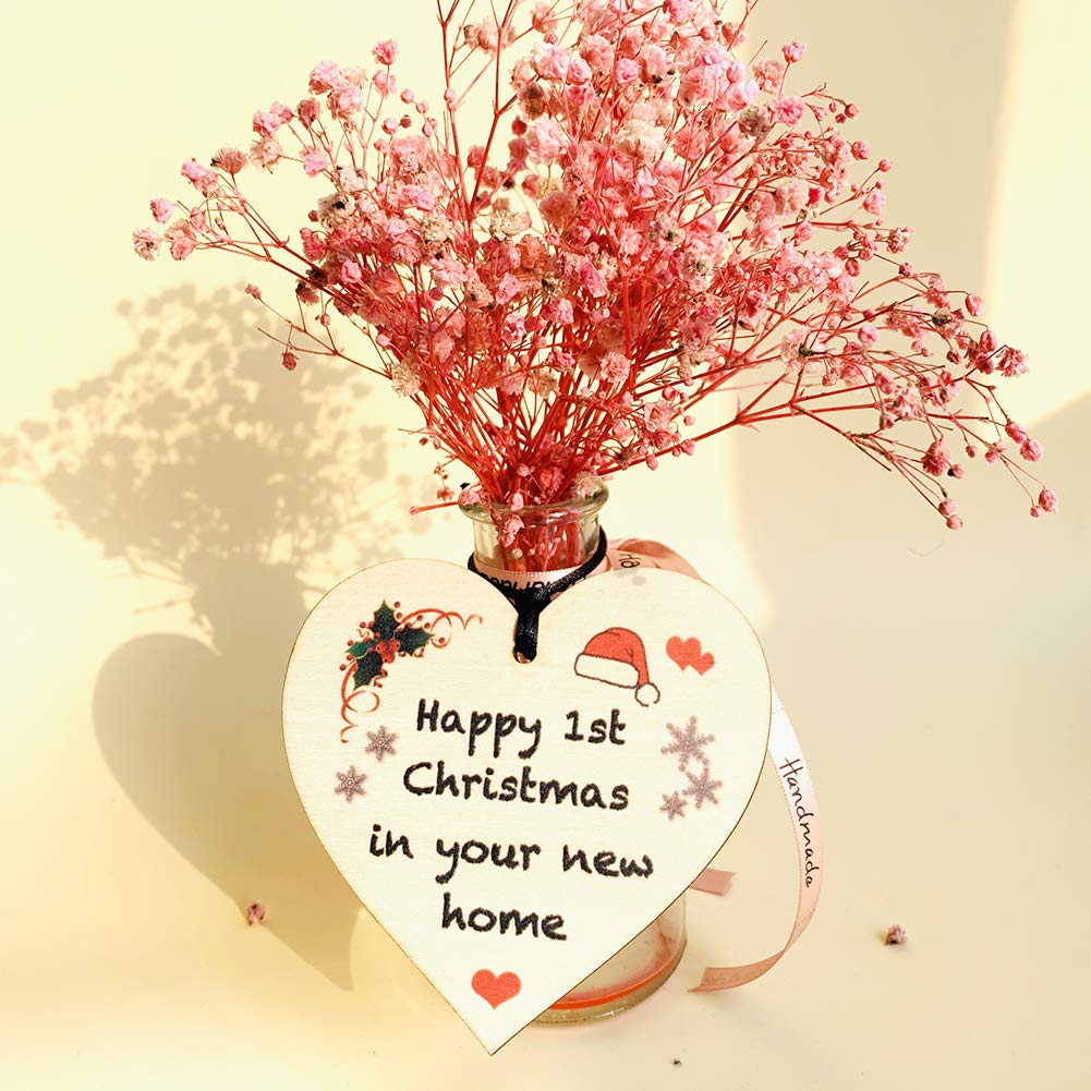 HONZEE Happy 1st Christmas in New Home Heart Plaque, Rustic Wooden Christmas Ornament, Housewarming Gift for Friends - Image 2