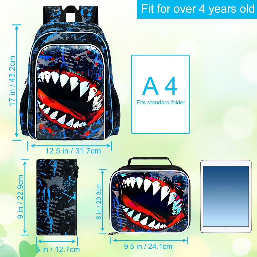 3Pcs Shark Backpack for Boys, 17" Kids Bookbag for Elementary Preschool Kindergarten, School Backpacks with Lunch Box (Blue) - Image 4