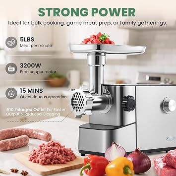 Electric Meat Grinder 3200W Heavy Duty, Built-in Storage with Veggie Shredder, Ice Shaver, 2 Blades, 3 Plates, Sausage Stuffer & Kubbe Kit, #10 Size for Home Use