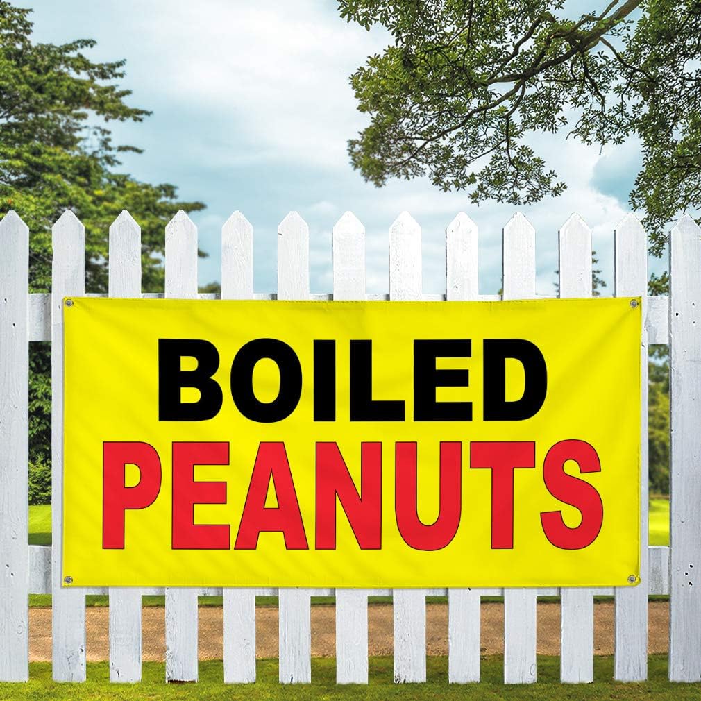 Vinyl Banner Multiple Sizes Boiled Peanuts Black Red Yellow Background Food Restaurant Restaurant & Food Outdoor Weatherproof Industrial Yard Signs 4 Grommets 16x40Inches